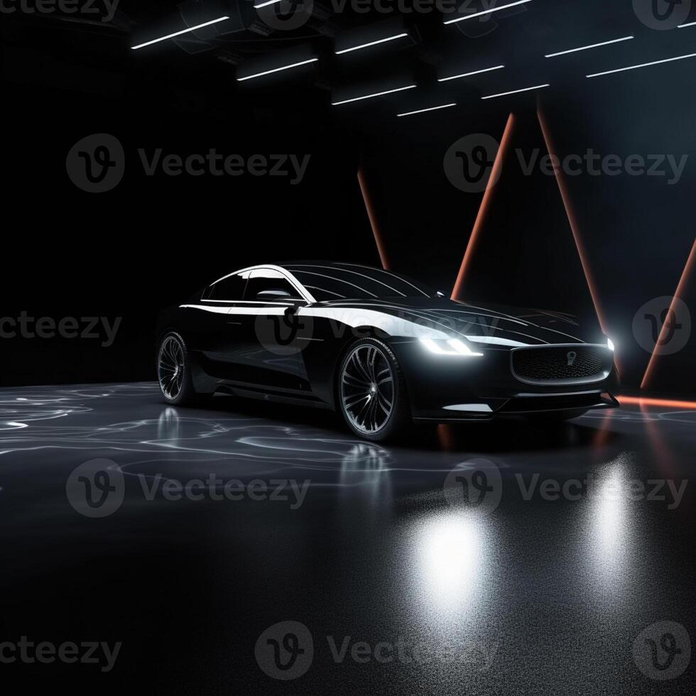 View of a generic and brand less modern car on the presentation stage background photo