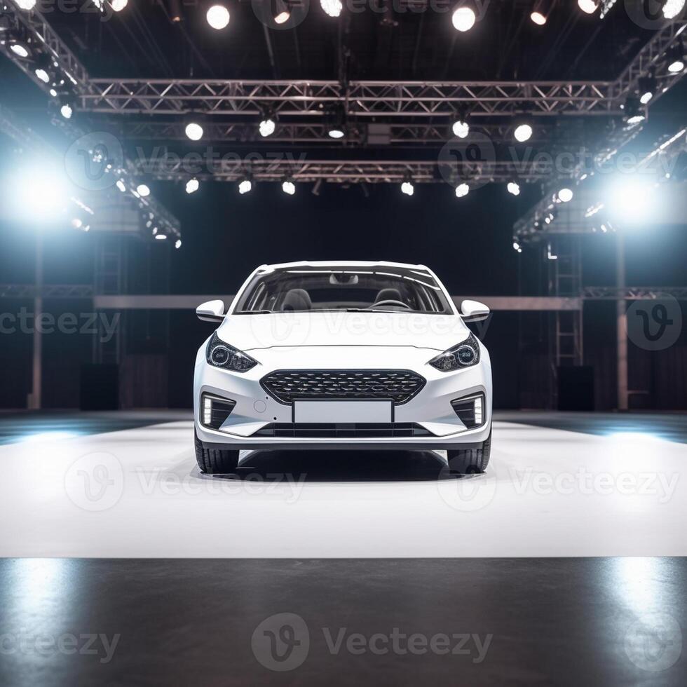 View of a generic and brand less modern car on the presentation stage background photo