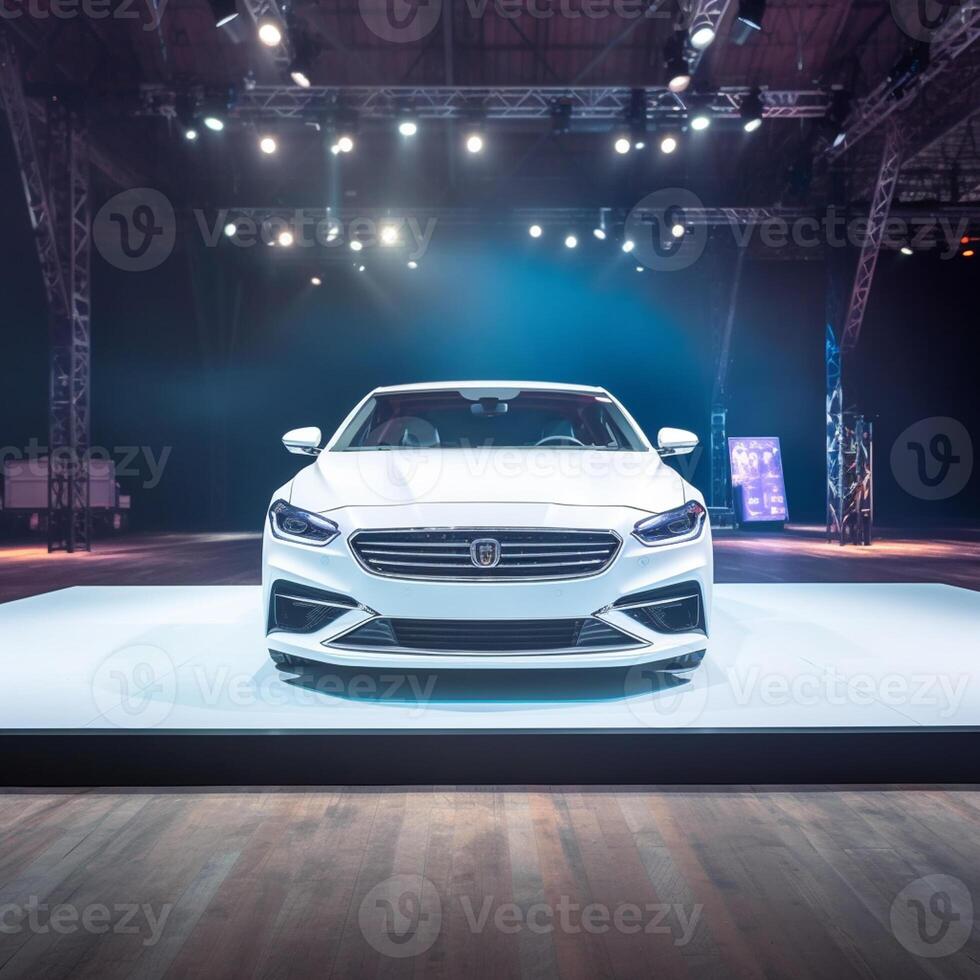 View of a generic and brand less modern car on the presentation stage background photo