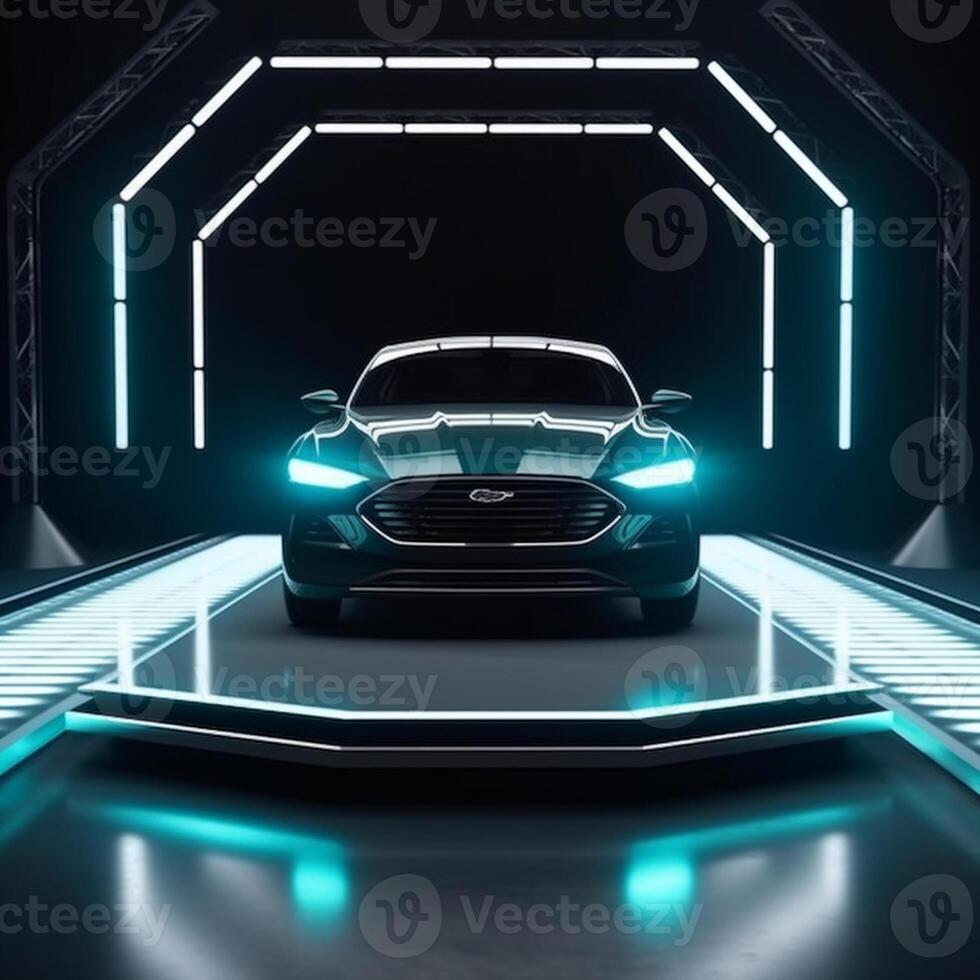 View of a generic and brand less modern car on the presentation stage background photo