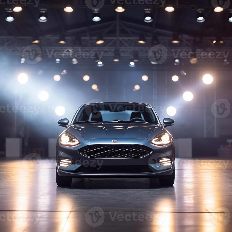 View of a generic and brand less modern car on the presentation stage background photo