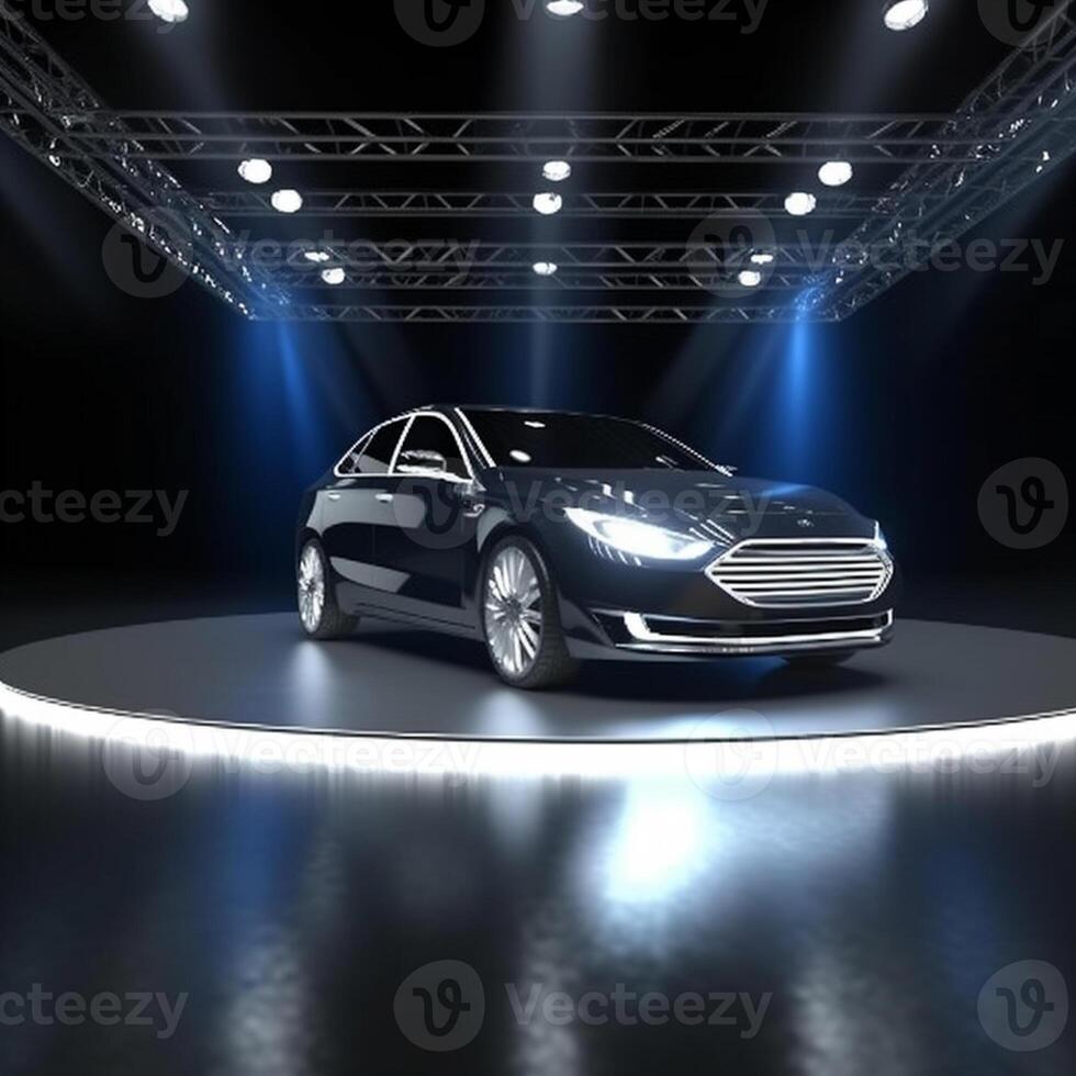 View of a generic and brand less modern car on the presentation stage background photo