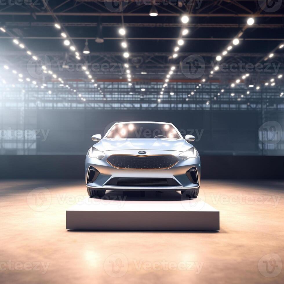 View of a generic and brand less modern car on the presentation stage background photo