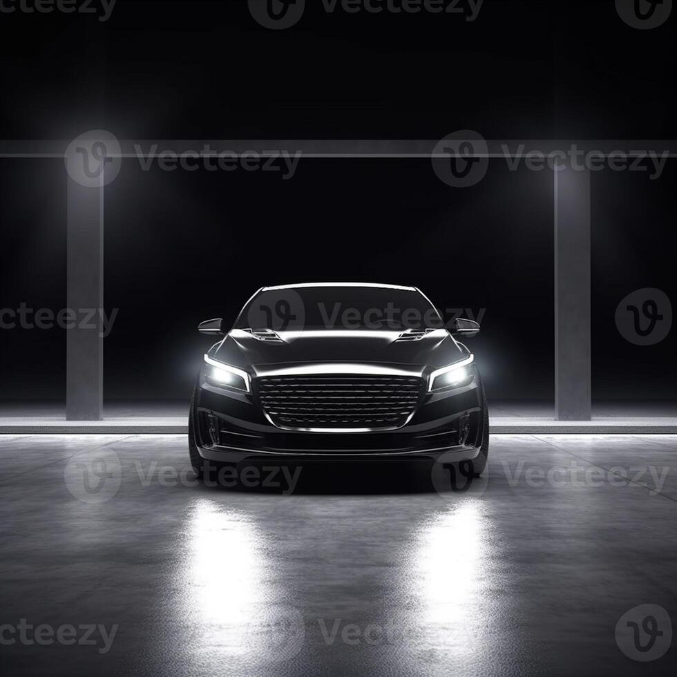 View of a generic and brand less modern car on the presentation stage background photo