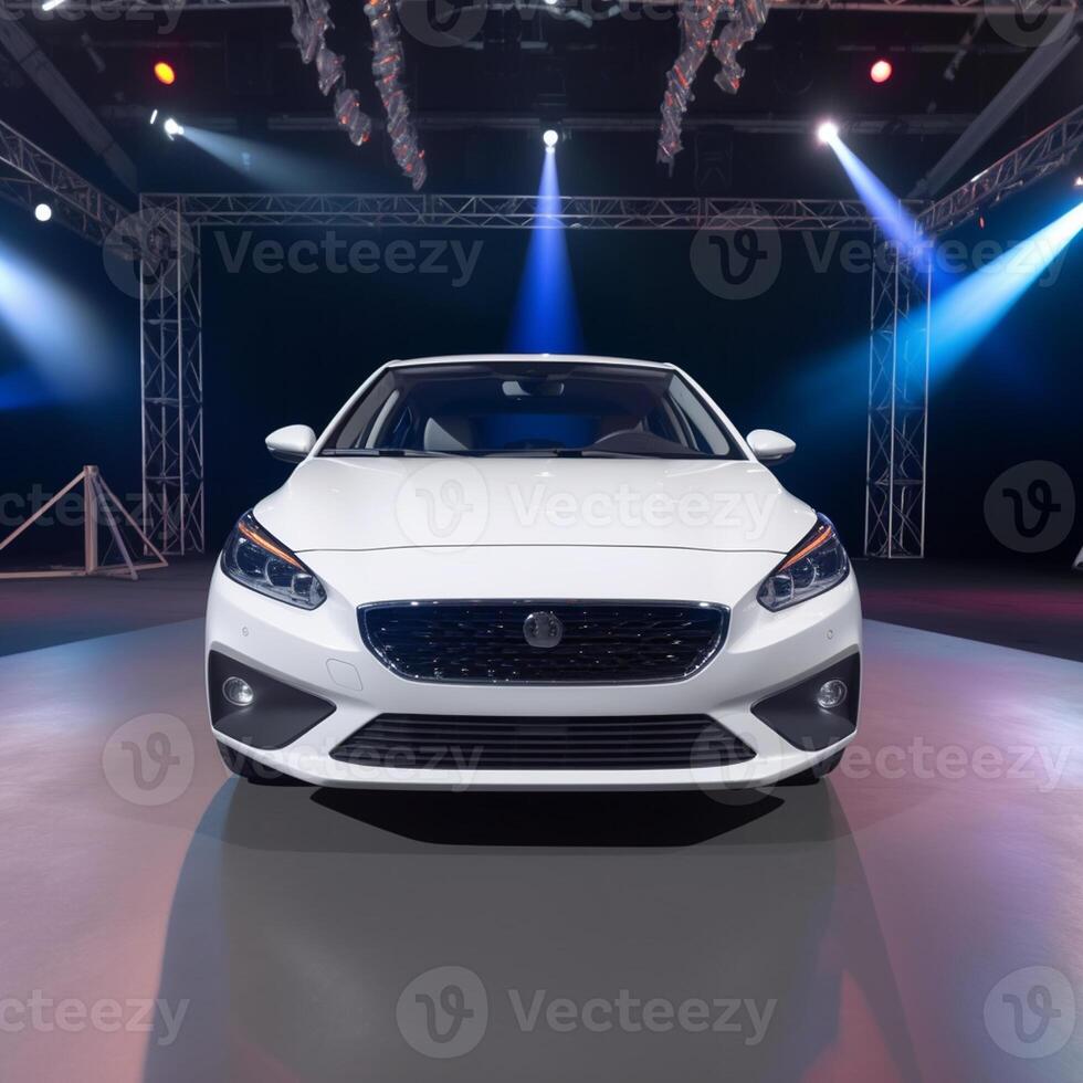 View of a generic and brand less modern car on the presentation stage background photo