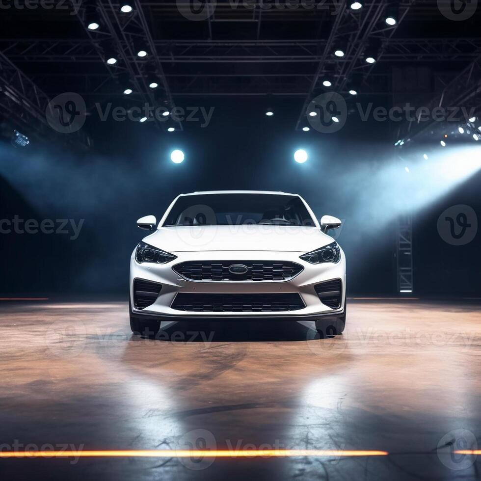 View of a generic and brand less modern car on the presentation stage background photo