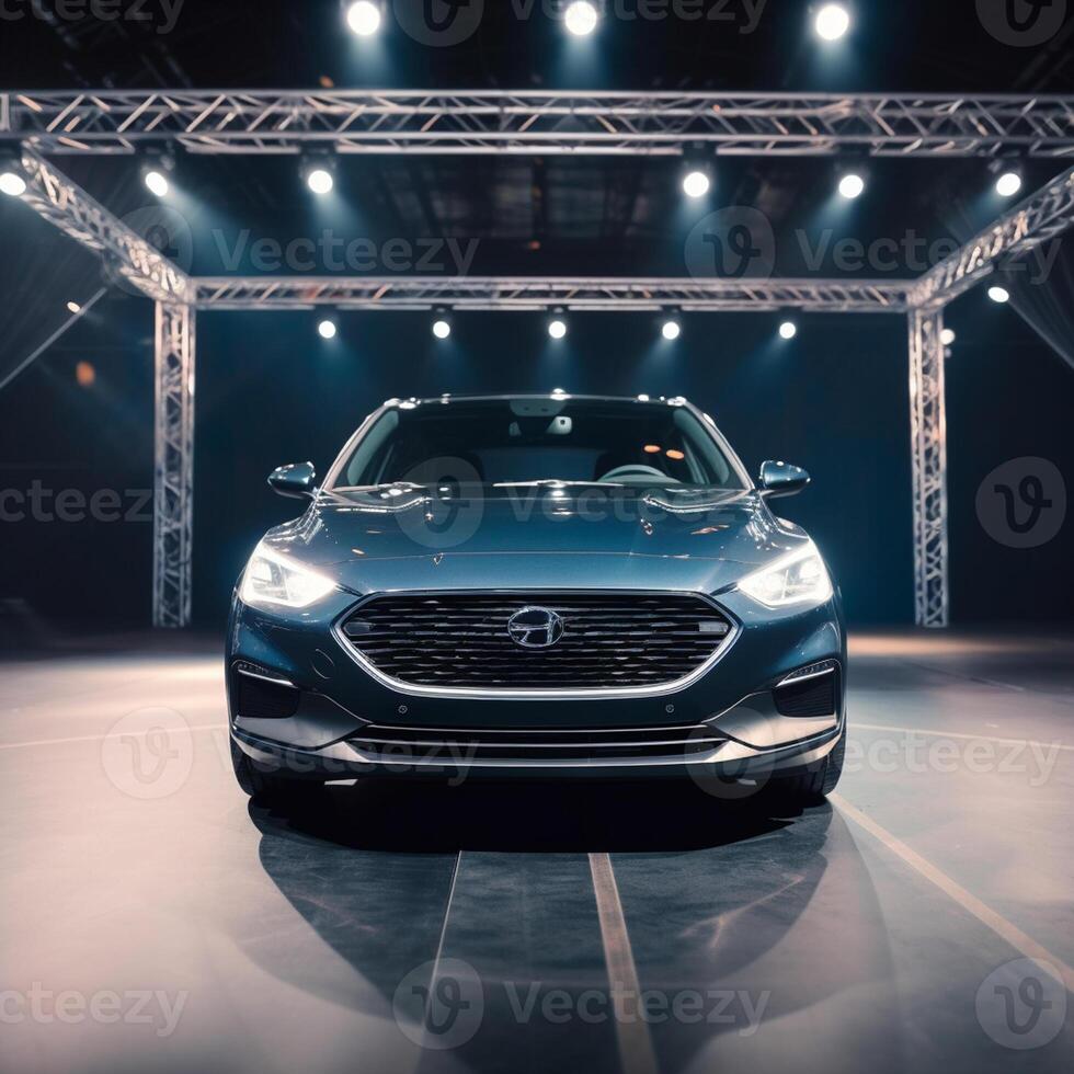 View of a generic and brand less modern car on the presentation stage background photo