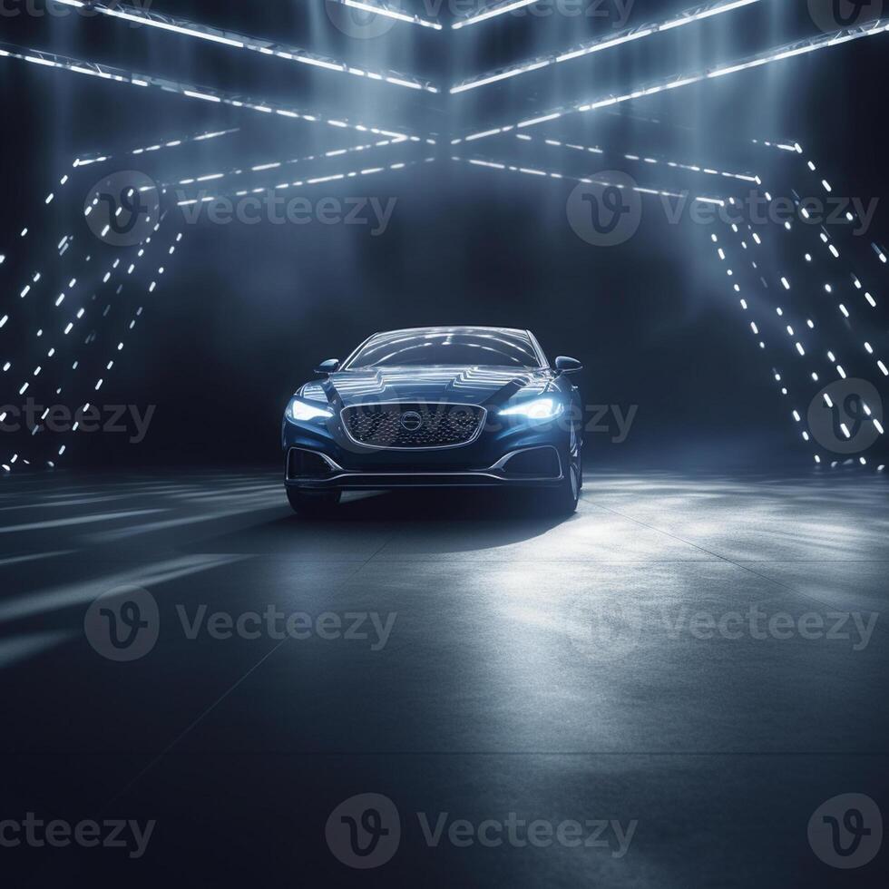 View of a generic and brand less modern car on the presentation stage background photo