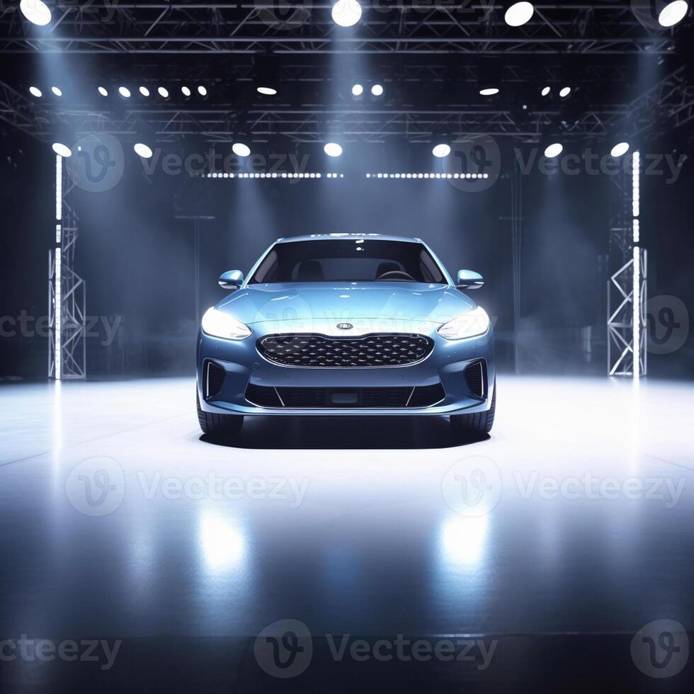 View of a generic and brand less modern car on the presentation stage background photo