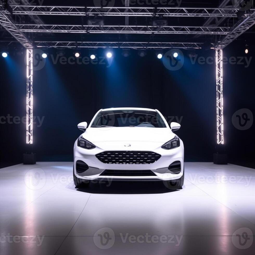 View of a generic and brand less modern car on the presentation stage background photo