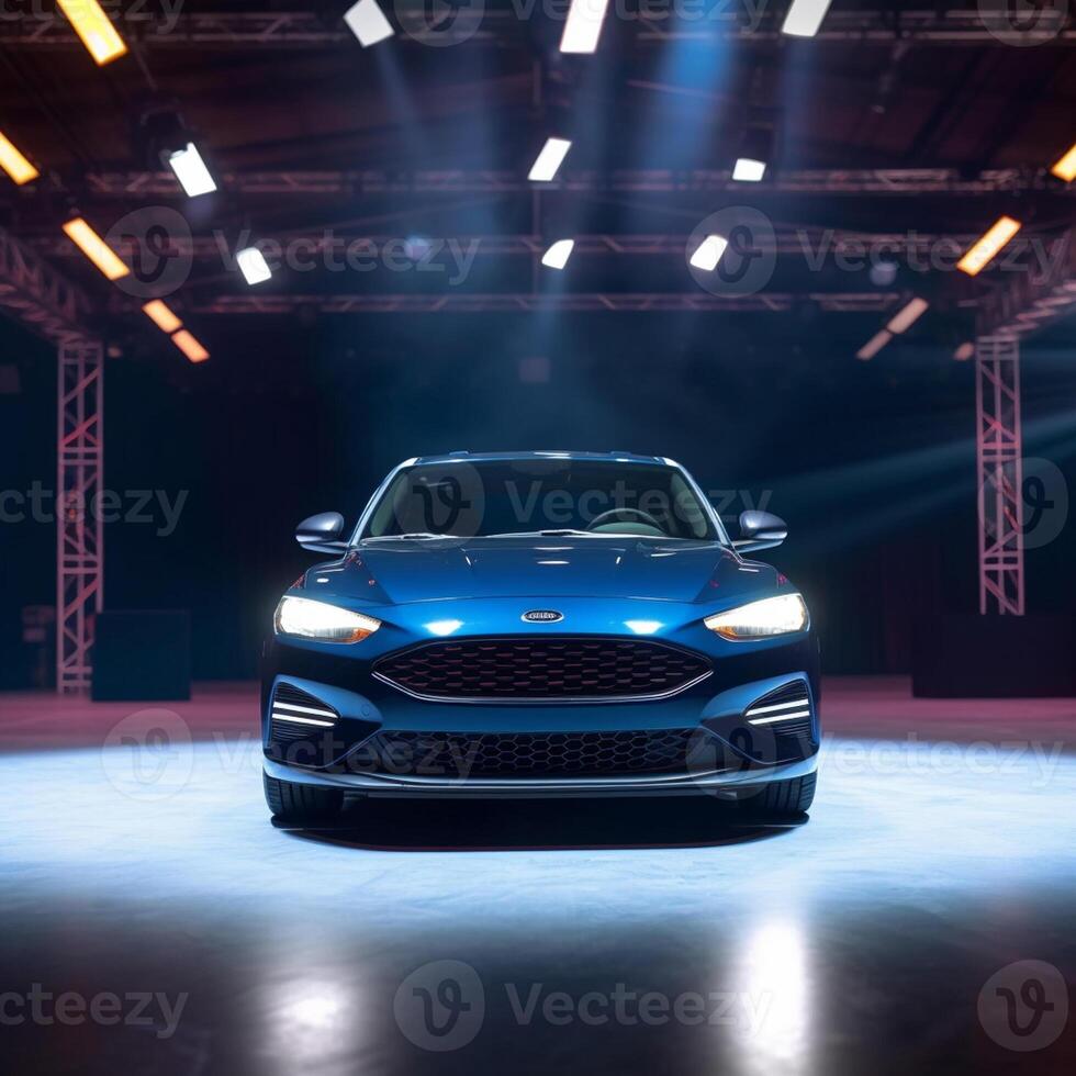 View of a generic and brand less modern car on the presentation stage background photo