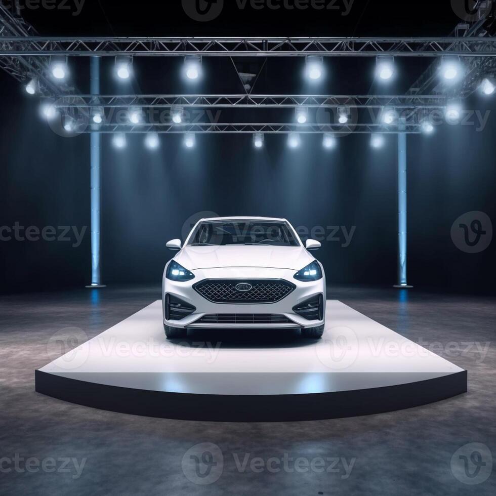 View of a generic and brand less modern car on the presentation stage background photo