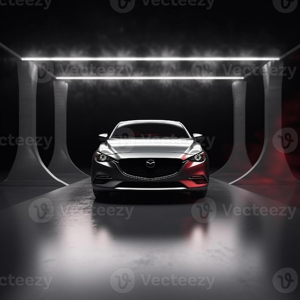 View of a generic and brand less modern car on the presentation stage background photo