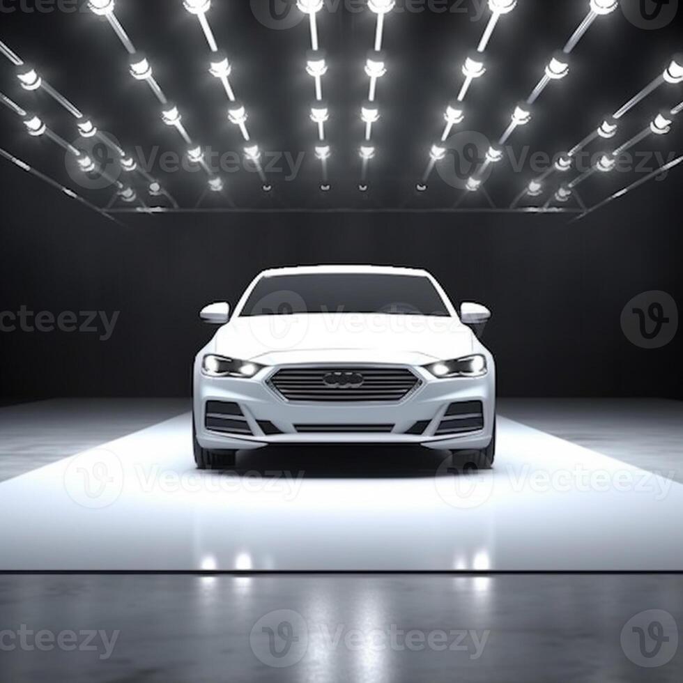 View of a generic and brand less modern car on the presentation stage background photo