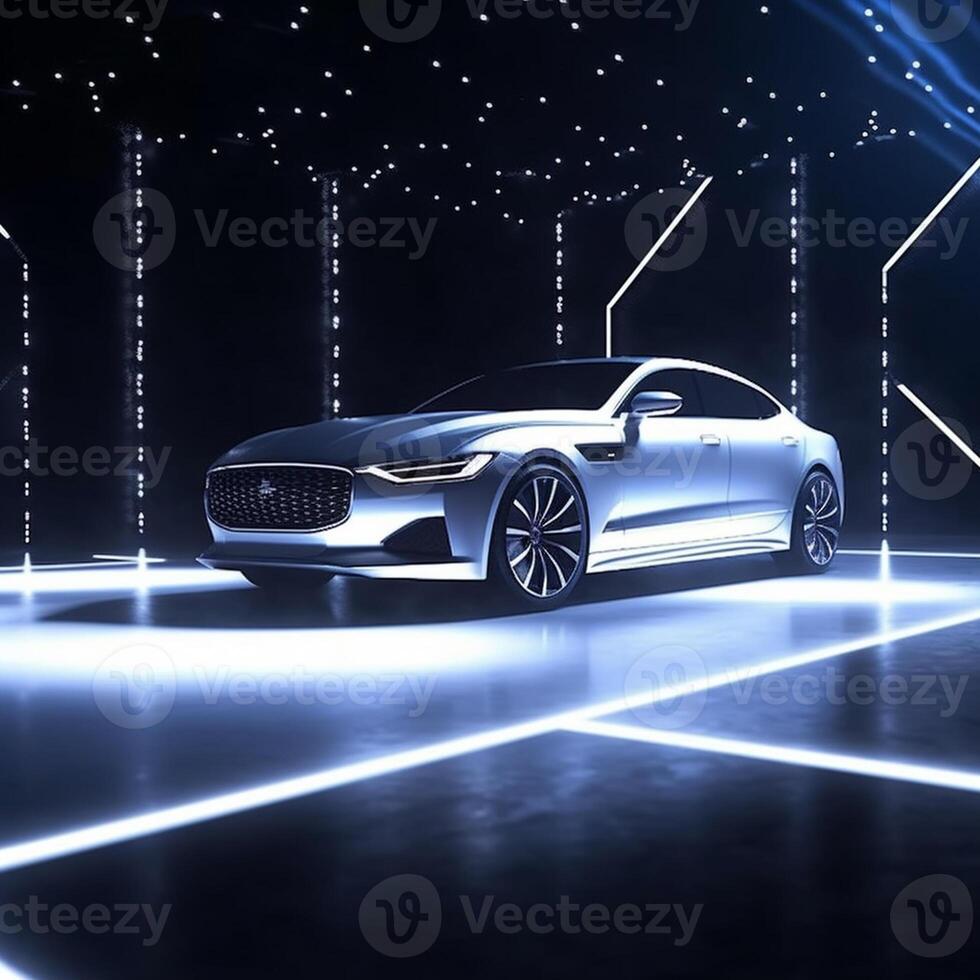 View of a generic and brand less modern car on the presentation stage background photo