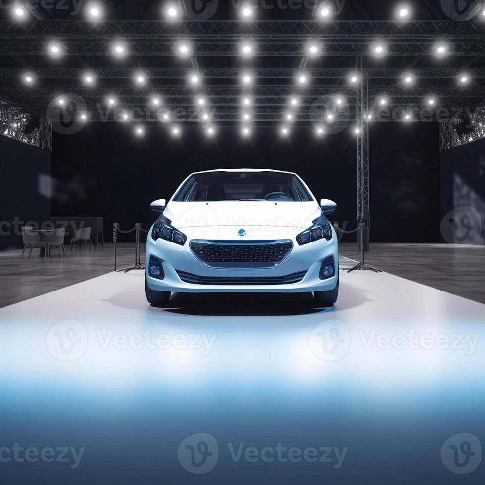 View of a generic and brand less modern car on the presentation stage background photo