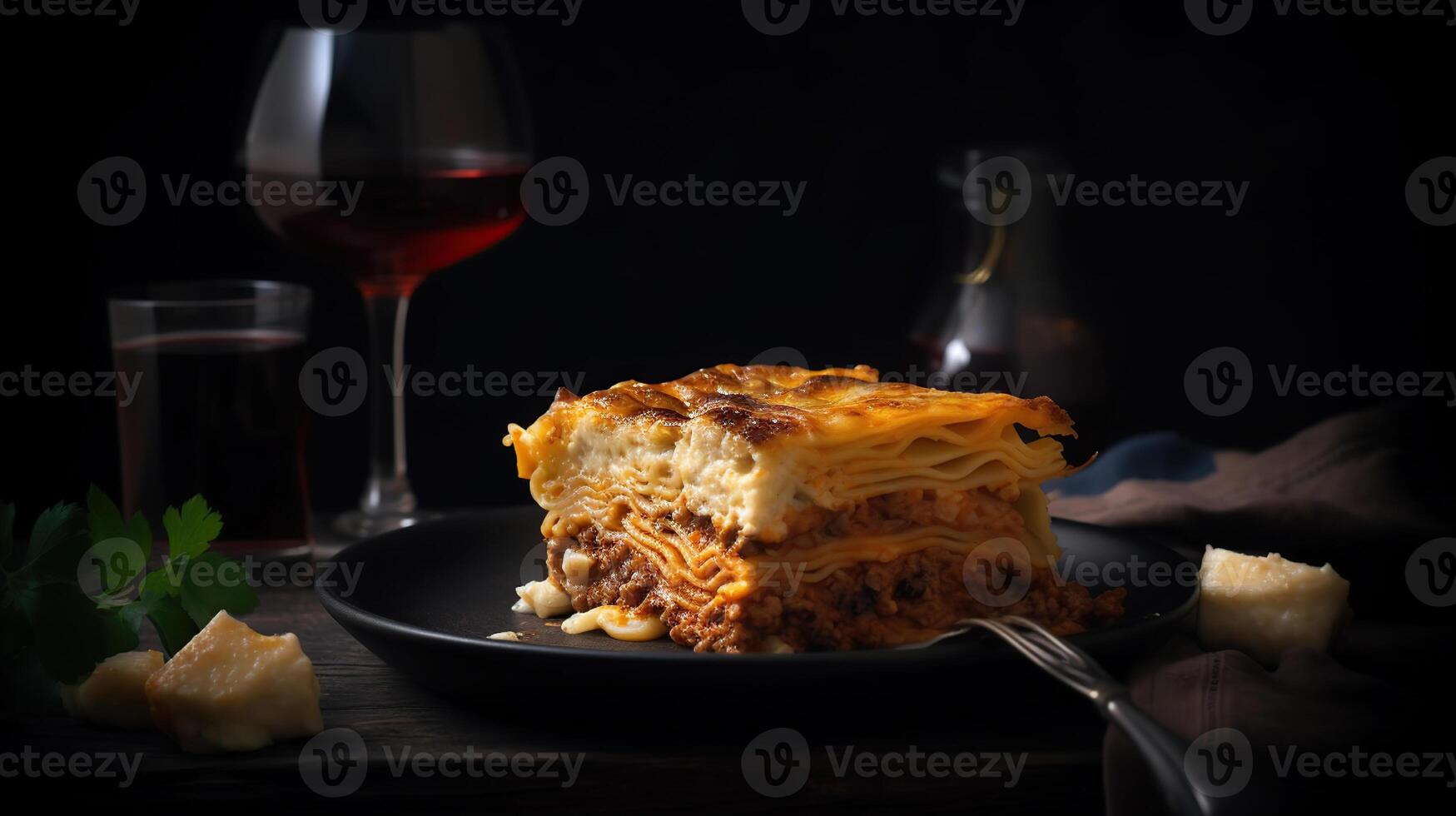 Piece of tasty hot lasagna with red wine. Small depth of field. Traditional italian lasagna. Italian food. Food on black plate. Bolognese sauce. Bechamel sauce. photo