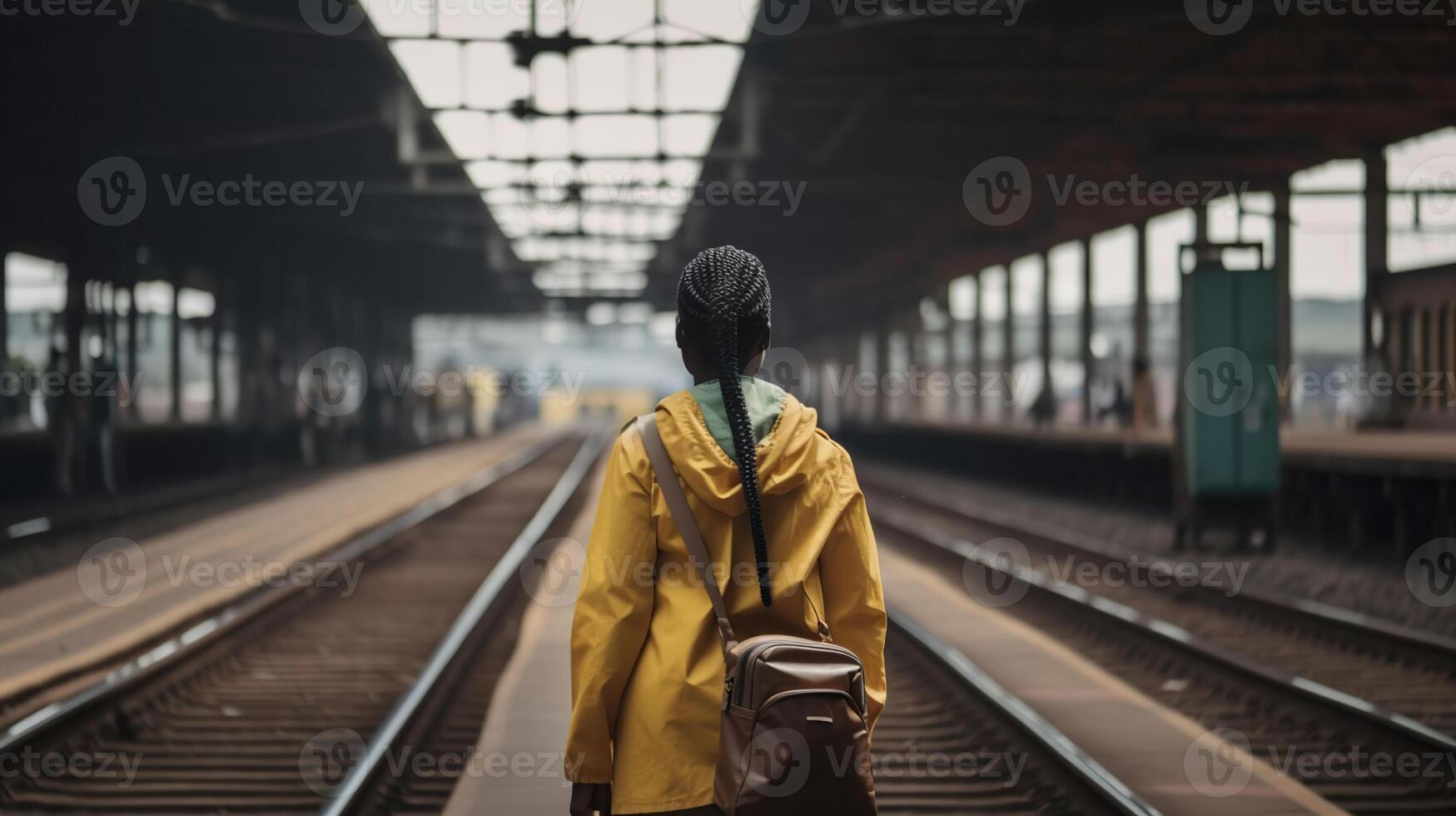 African woman on the railway station before her trip between two highway trains waiting for departure on the platform indoors of a railroad depot, photo