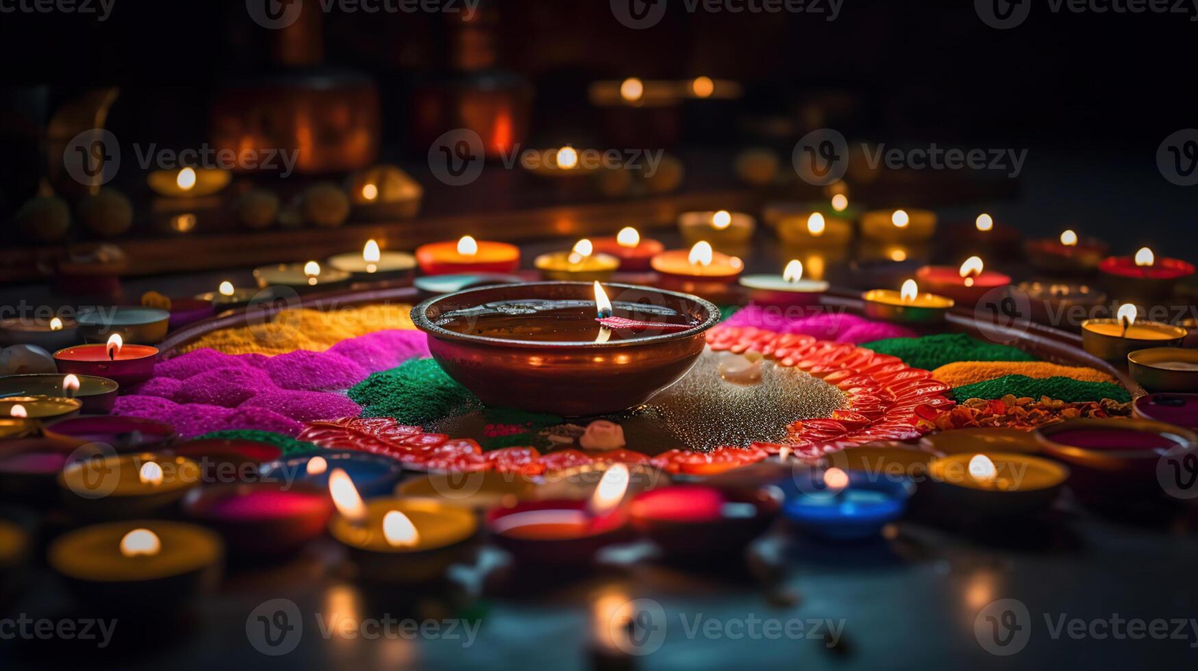 petróleo lamparas iluminado en vistoso rangoli durante diwali celebracion. ai generativo foto