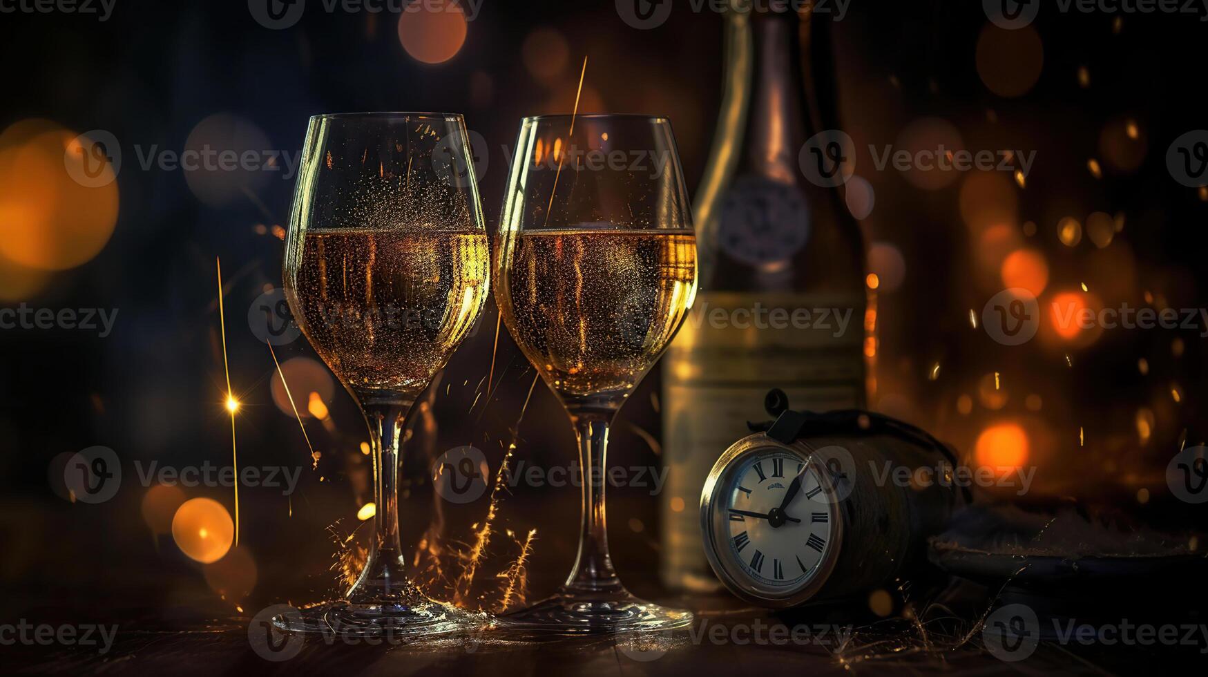 nuevo año celebracion - brindis con champán y fuegos artificiales - desenfocado bokeh luces y reluciente efecto en fondo, ai generativo foto