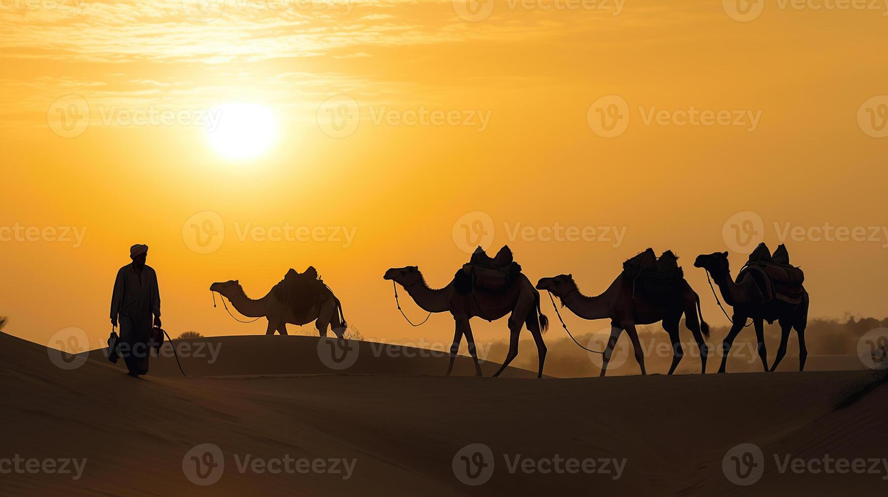 Indian cameleers bedouin with camel silhouettes in sand dunes of Thar desert on sunset. Caravan in Rajasthan travel tourism background safari adventure. Jaisalmer, Rajasthan, India, photo