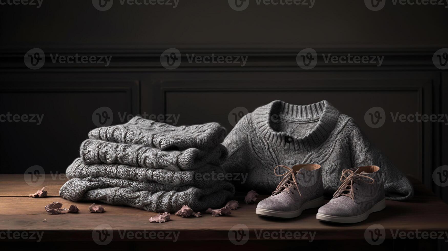Table with stack of stylish sweaters and shoes on dark background, photo