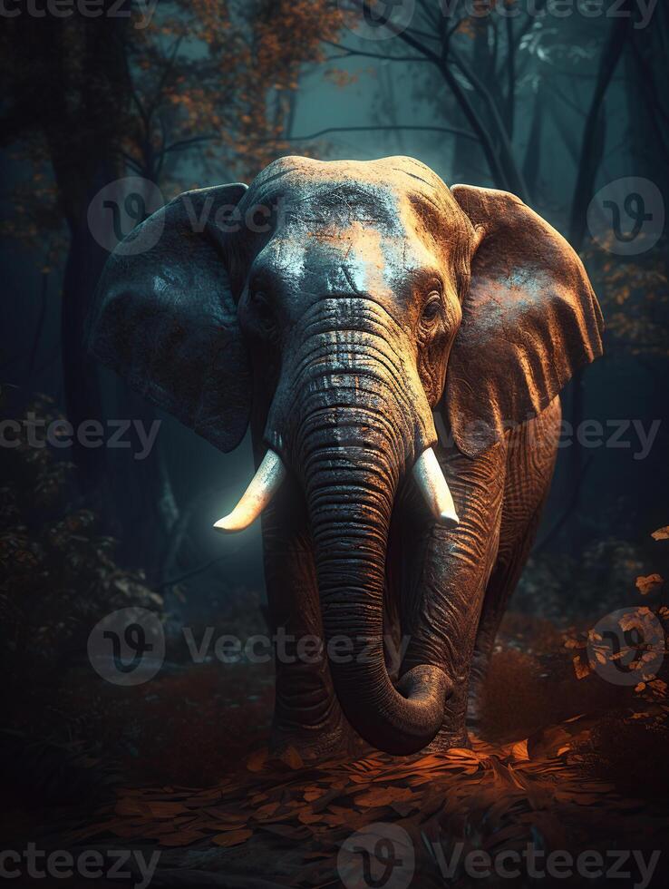Elephant in a dark ominous forest in night, magic glow and shine, photo