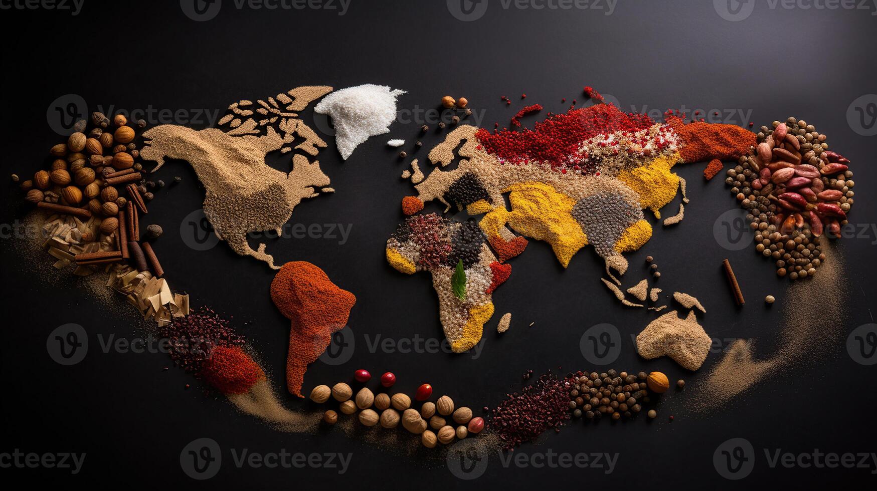 World map made of different spices on grey background, Top View, photo