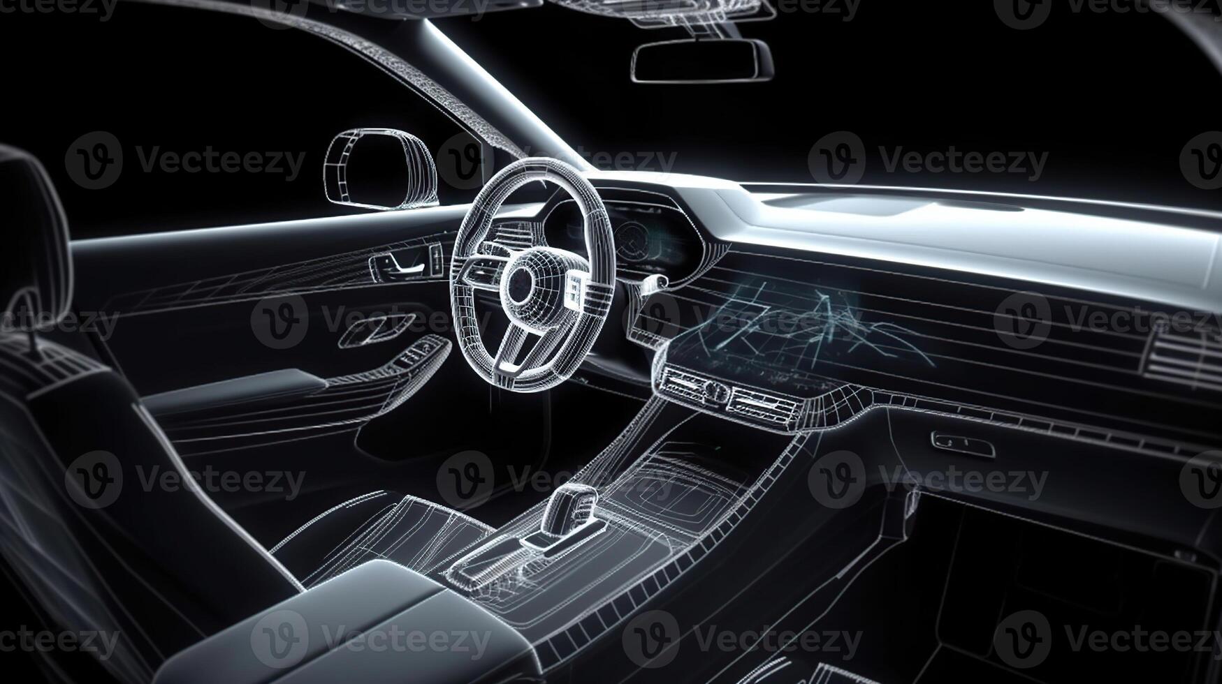 Wireframe of modern car with hi tech user interface details in dark environment, photo