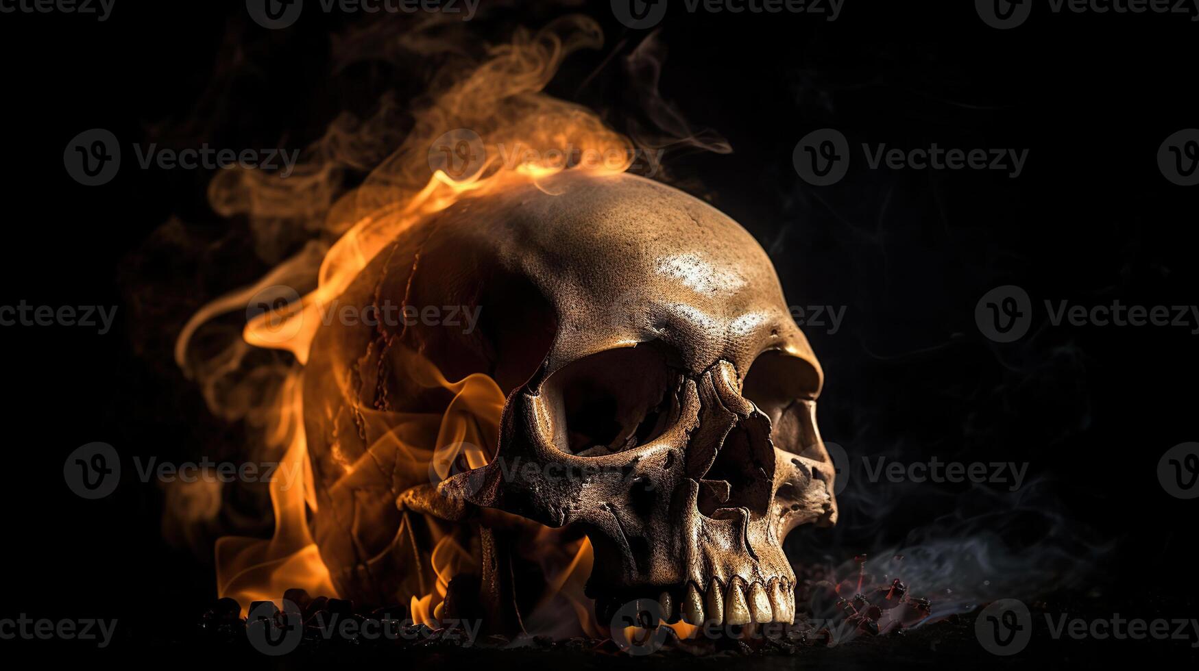 Skull burned in fire in dark Halloween night, photo