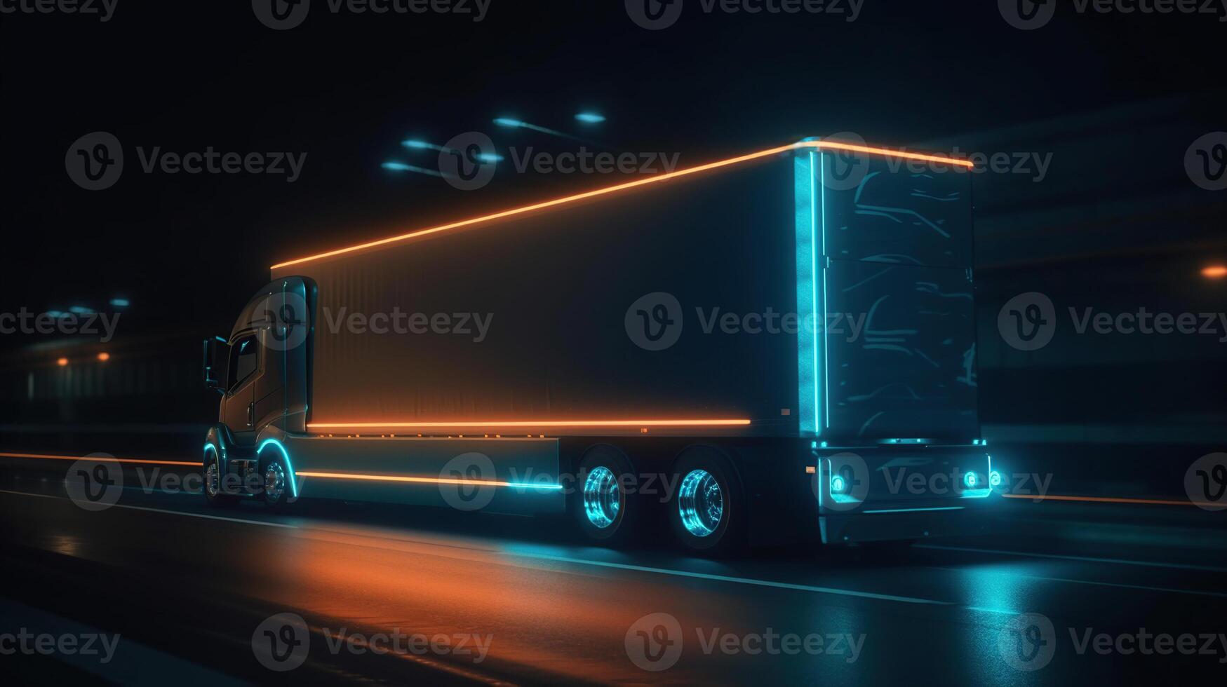 Futuristic Technology Concept, Autonomous Semi Truck with Cargo Trailer Drives at Night on the Road with Sensors Scanning Surrounding. photo
