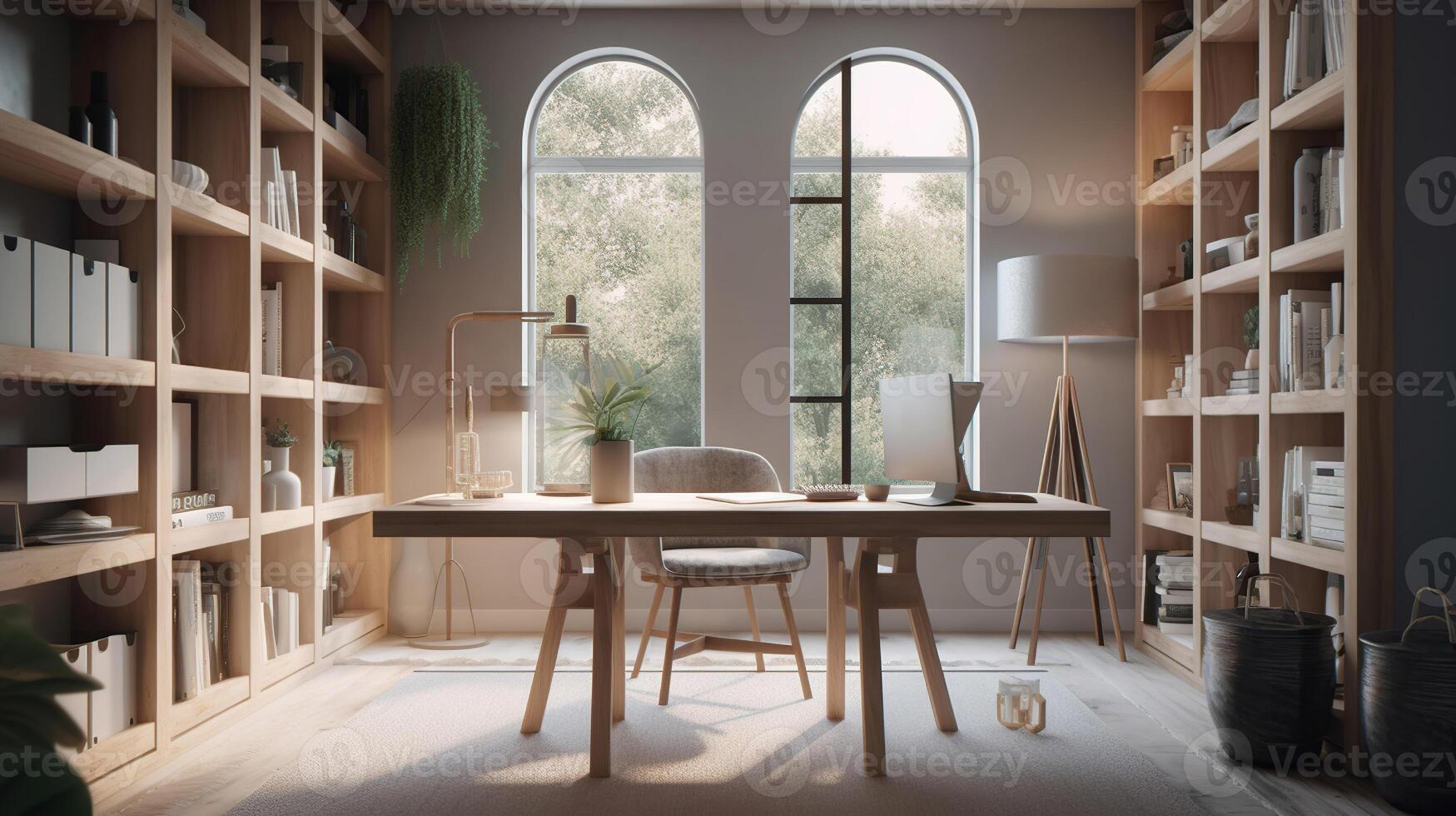 Good Looking. Interior of a modern home office next to a big window. Light wood desk with organized set up of books, office supplies and computer with some room decor around it, photo
