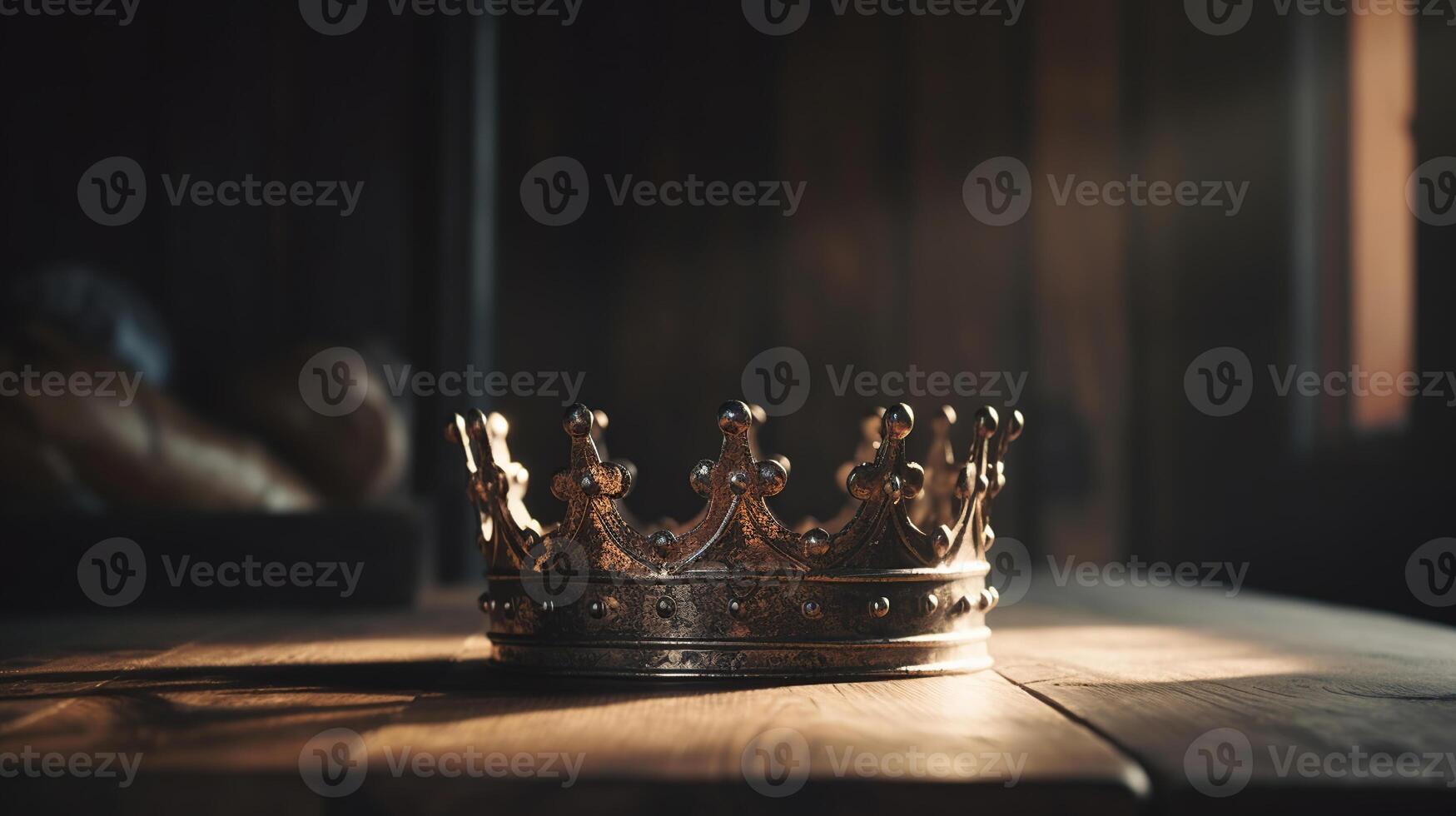 Low key image of beautiful queen or king crown over wooden table. vintage filtered. fantasy medieval period, photo