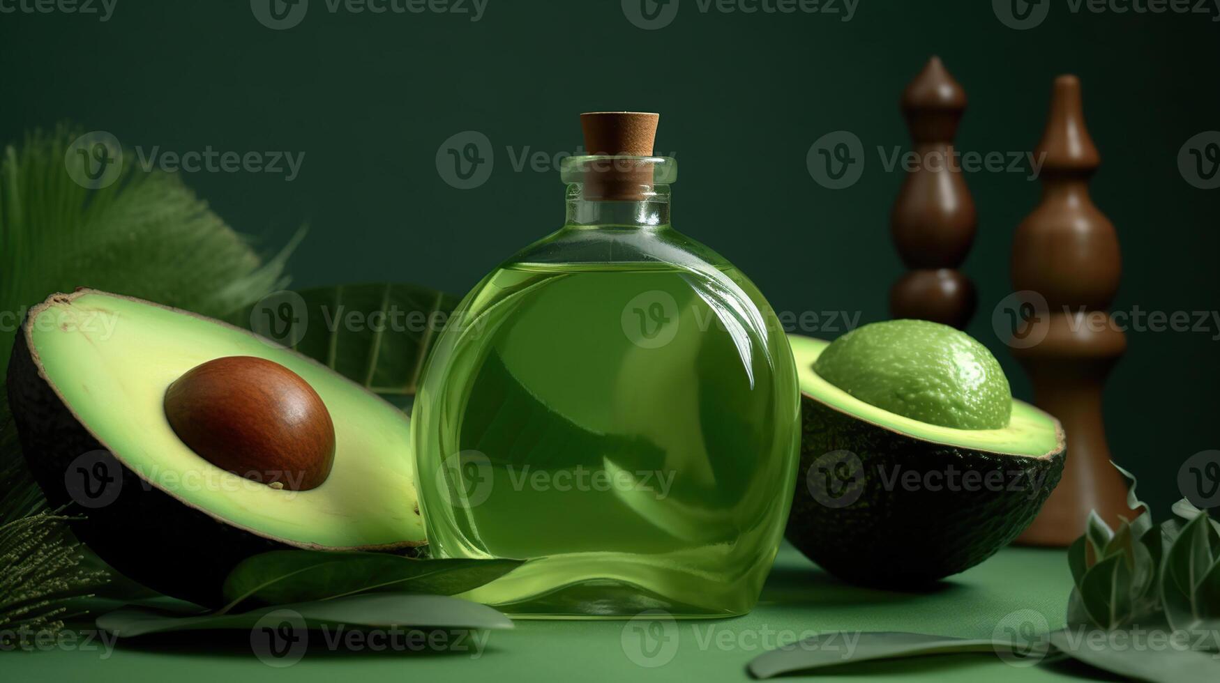 Composition with bottle of essential oil, avocado on color background, photo