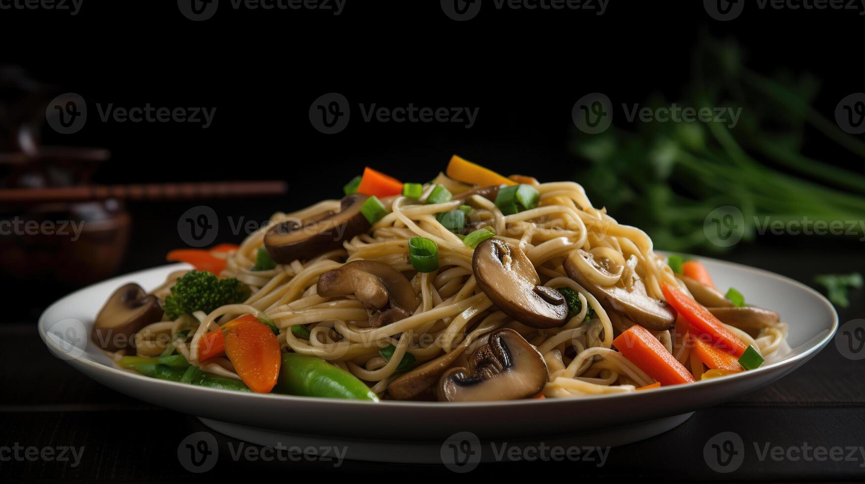 Lo mein with vegetables, mushrooms and soy filets, photo