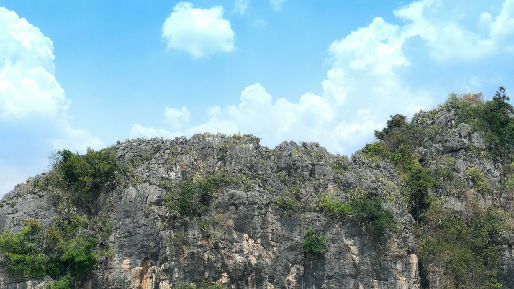 naturaleza antecedentes de parte superior de un montaña rango punteado con arboles y follaje. debajo el azul cielo y blanco nubes foto