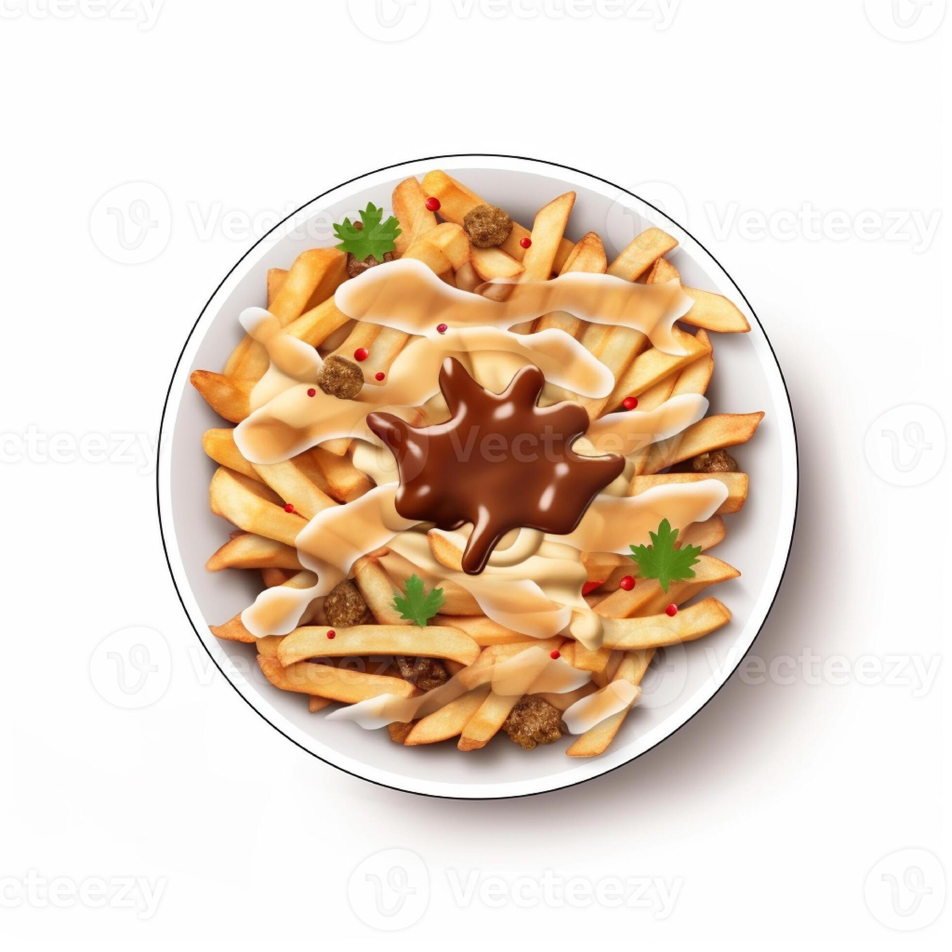 Poutine is a dish of fried potatoes and cheese flakes, and topped with