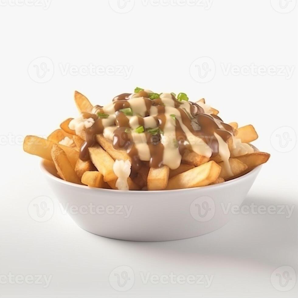 poutine es un plato de frito patatas y queso copos, y coronado con grueso salsa. ai generado. foto