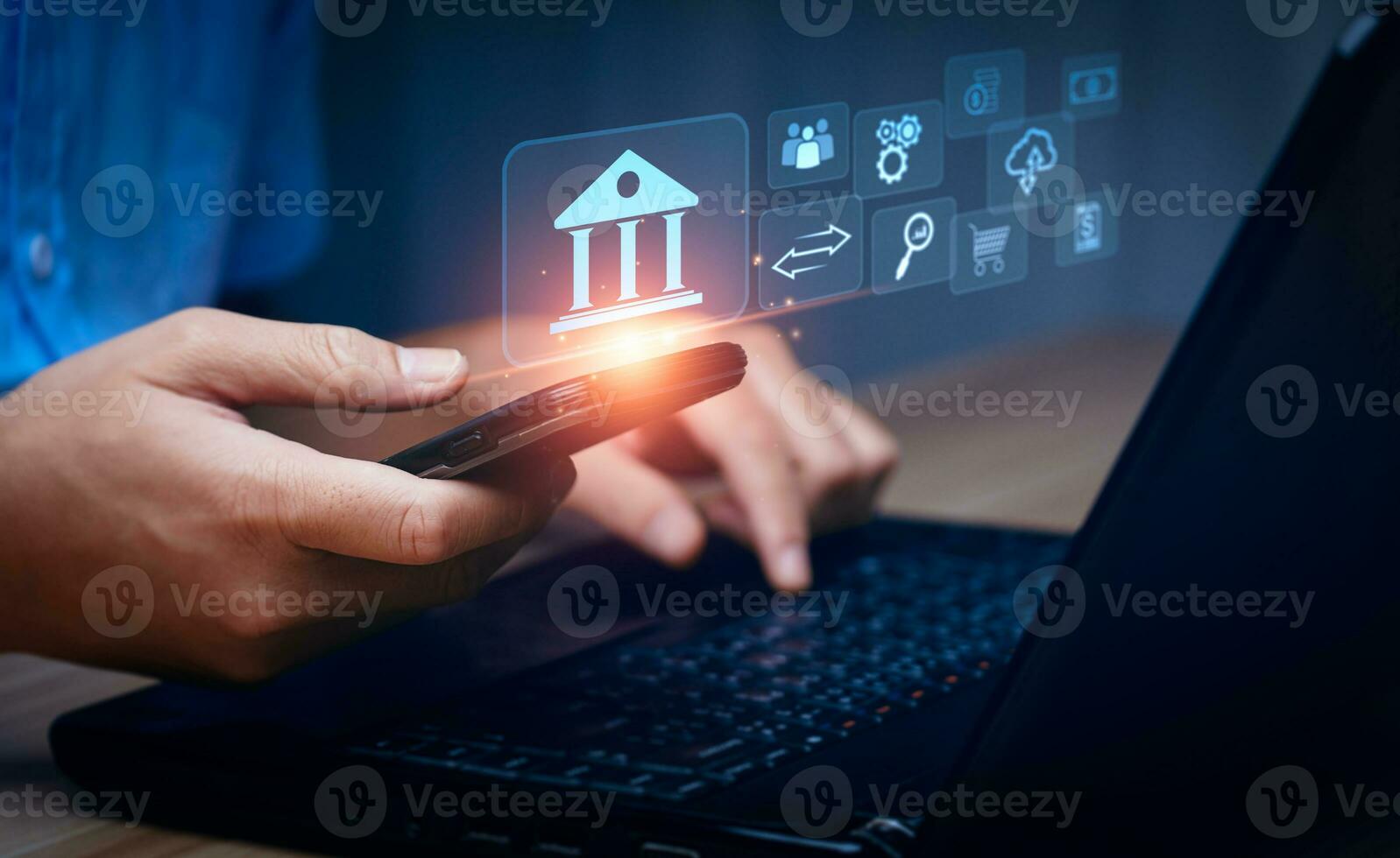 Businessman using mobile online banking and payments, digital marketing. Financial and banking networking. Customer network connection and online shopping icons cyber security, business technology photo