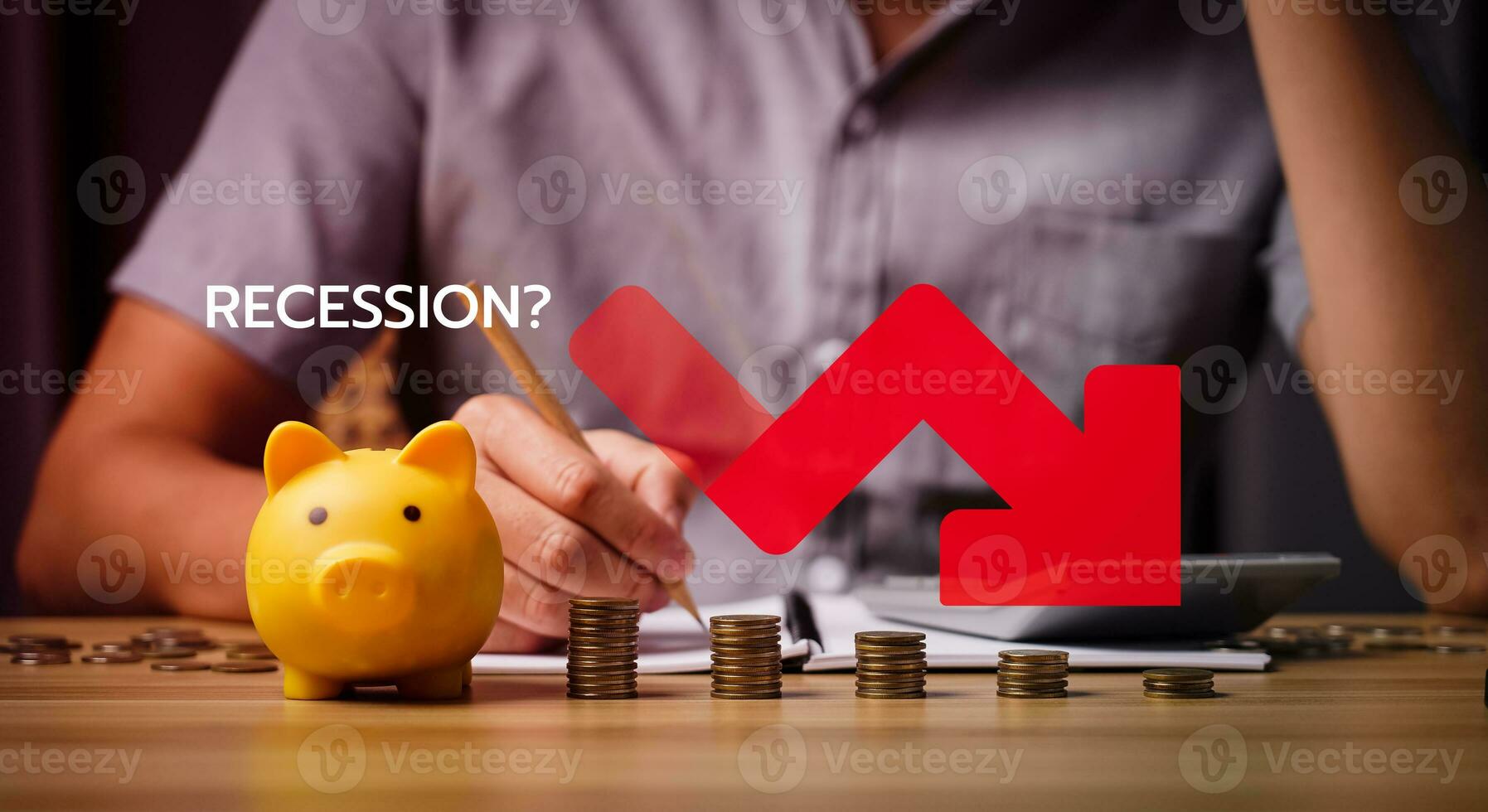 Economic recession concept, crisis. Money with red arrow down. Decreased funds and money. Fall of economy, capital reduction. Lowering in savings and reserves. Inflation. Falling income in GDP photo