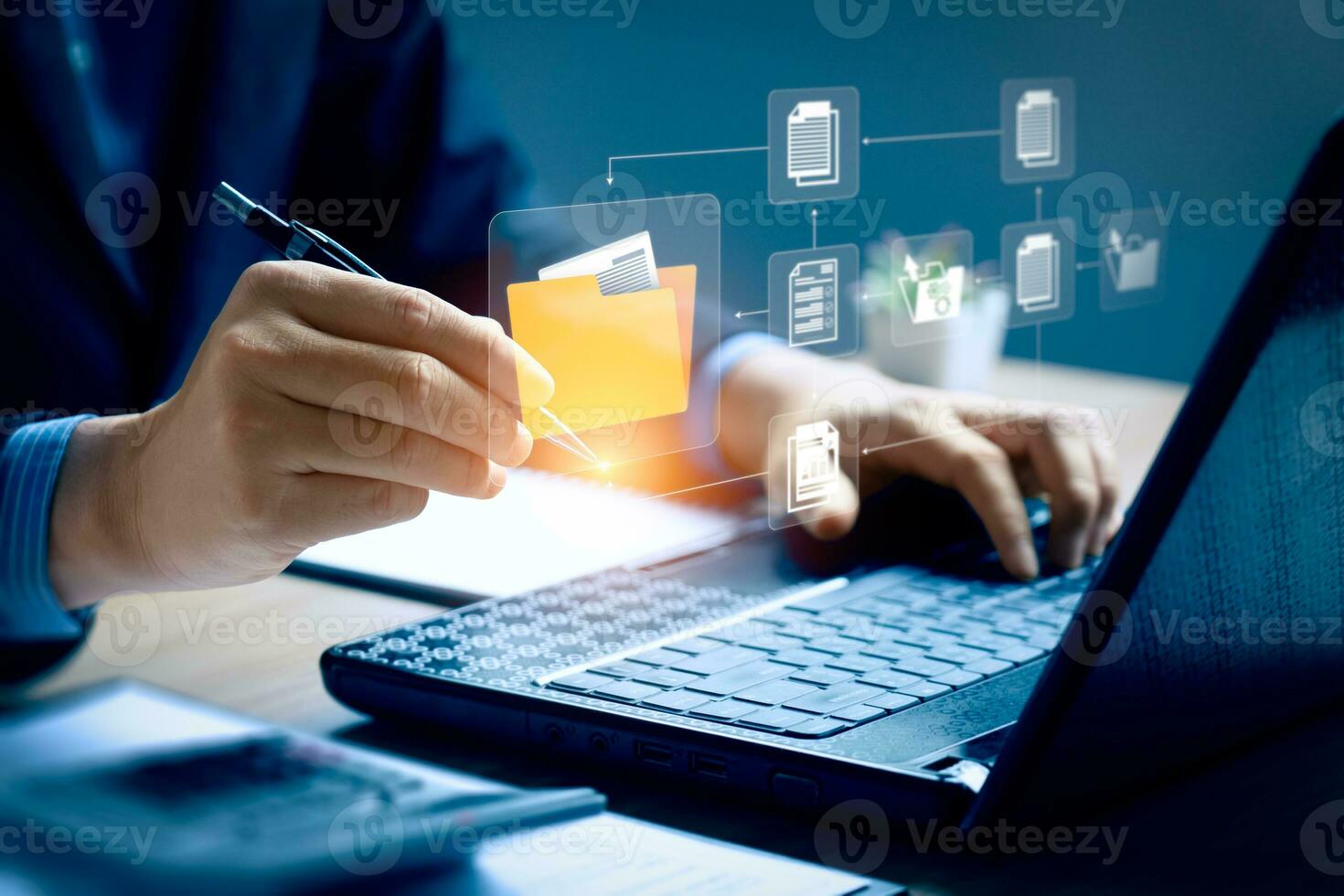 Document Management System concept. Enterprise content management, Digital asset management, Document imaging, Workflow, Records management, Online document file data software for efficient archiving. photo