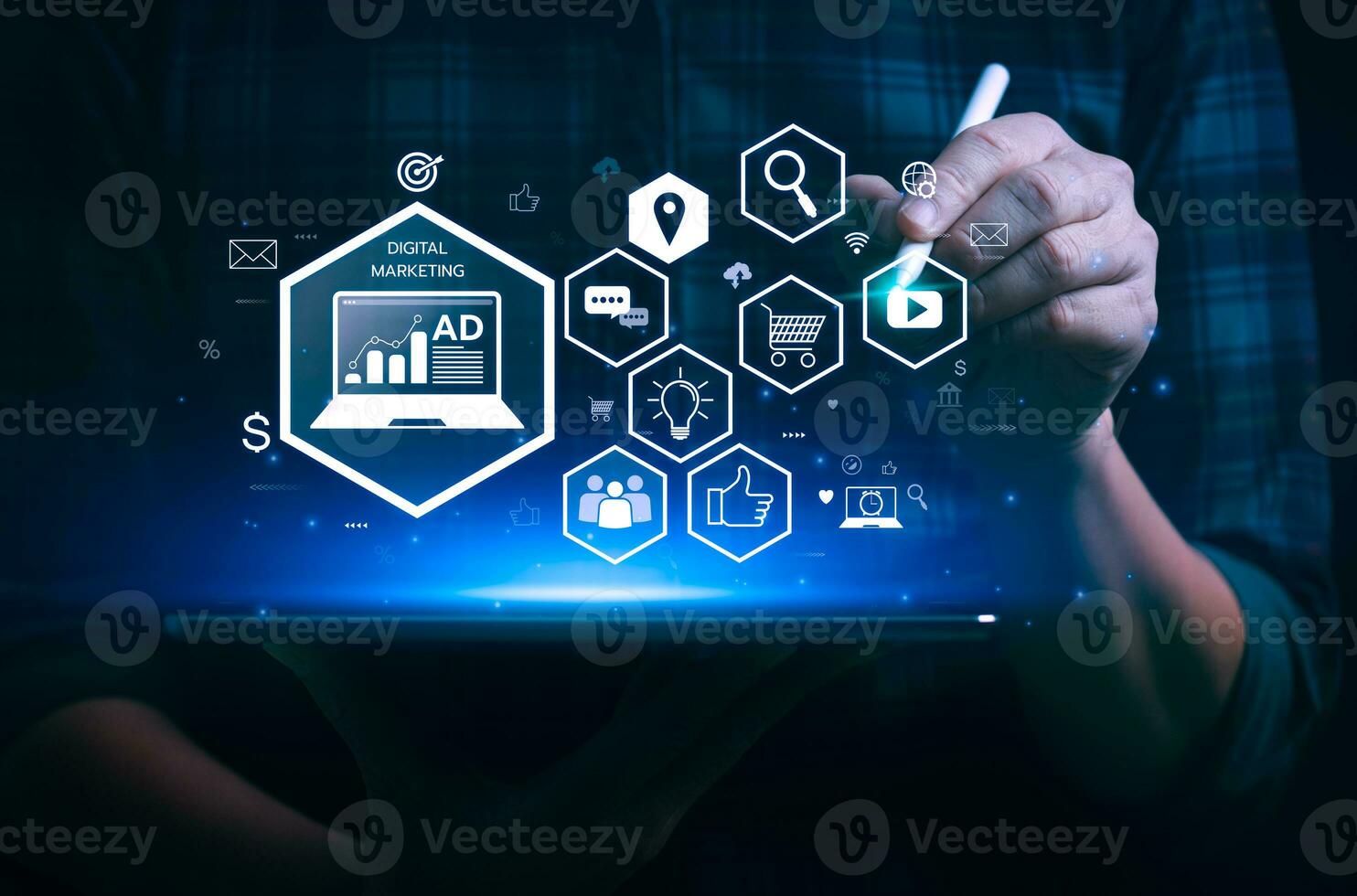Digital online marketing commerce sale concept, Promotion of products or services through digital channels search engine, social media, email, website, Digital Marketing Strategies and Goals. SEO PPC photo