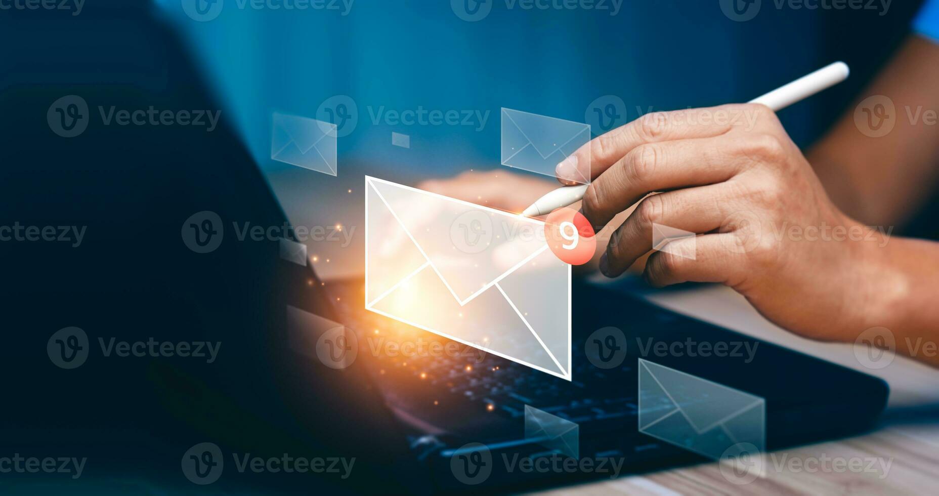 businessman checking message box on laptop and send email. email marketing concept, digital newsletter to customers. Online marketing strategies that reach target customers. photo