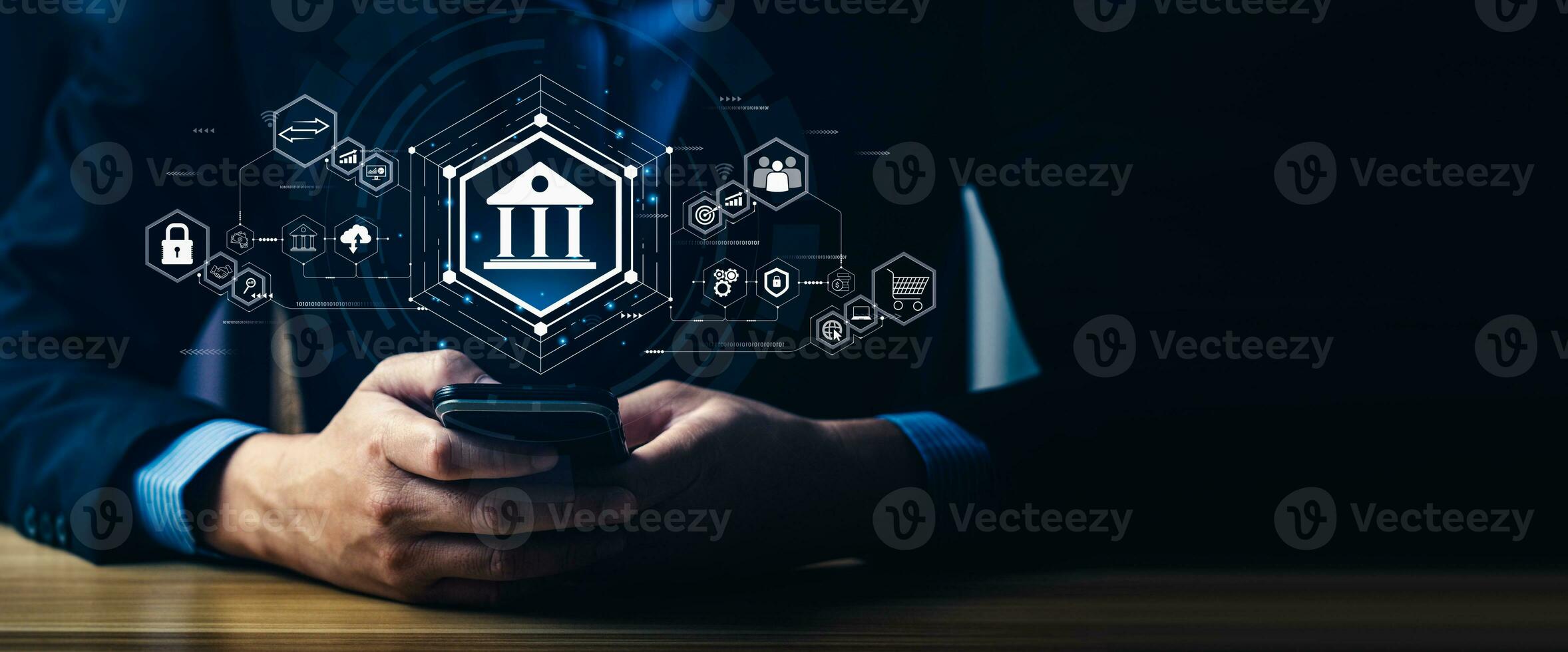 Businessman using mobile online banking and payments, digital marketing. Financial and banking networking. Customer network connection and online shopping icons cyber security, business technology photo