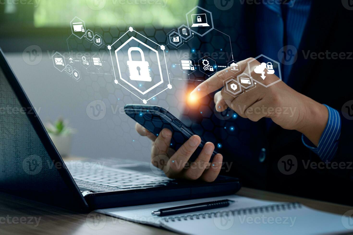 cyber security privacy and data storage protection Document Management with Password and Encryption Encrypted files on computer or server Finger touching lock icon on electronic circuit photo