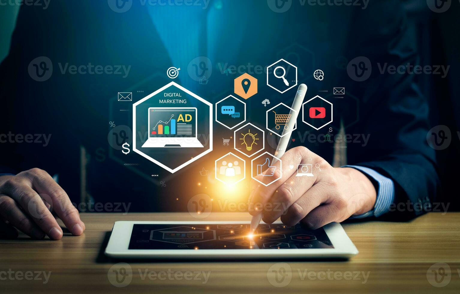 Digital online marketing commerce sale concept, Promotion of products or services through digital channels search engine, social media, email, website, Digital Marketing Strategies and Goals. SEO PPC photo