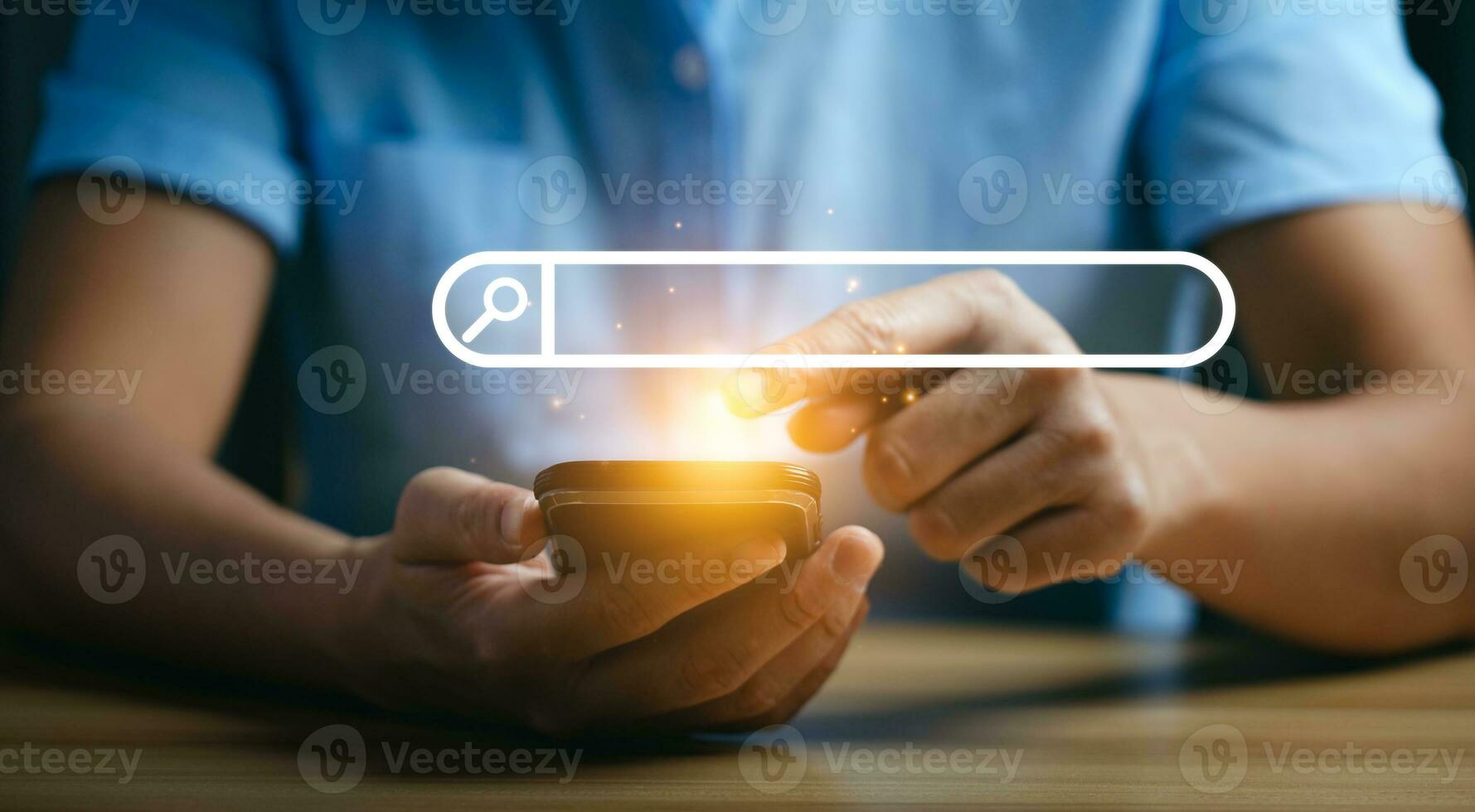 Businessman hand using mobile and laptop or computer to search information on internet social media web with search box icon and copy space. search engine information and Search Engine Optimization photo