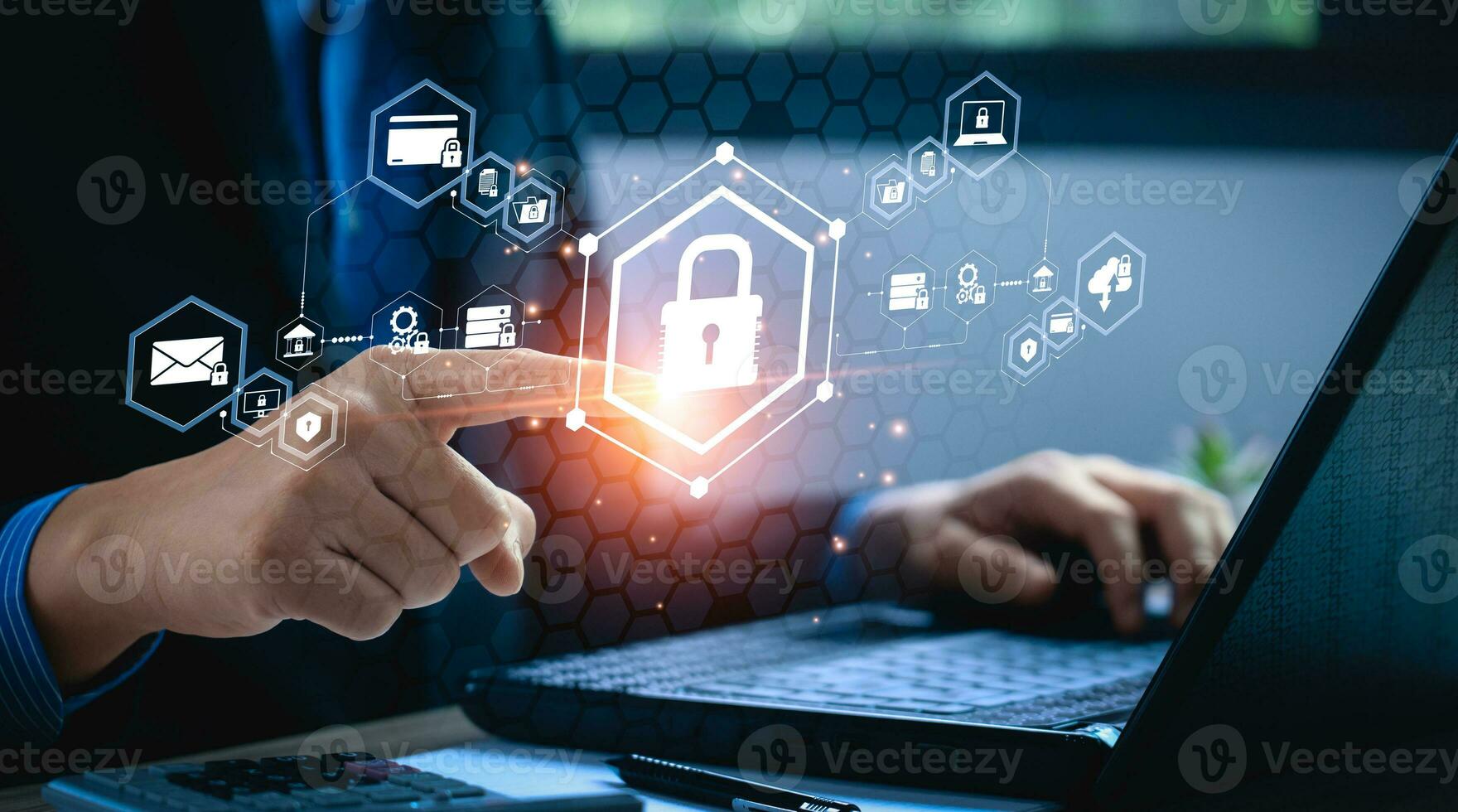 cyber security privacy and data storage protection Document Management with Password and Encryption Encrypted files on computer or server Finger touching lock icon on electronic circuit photo