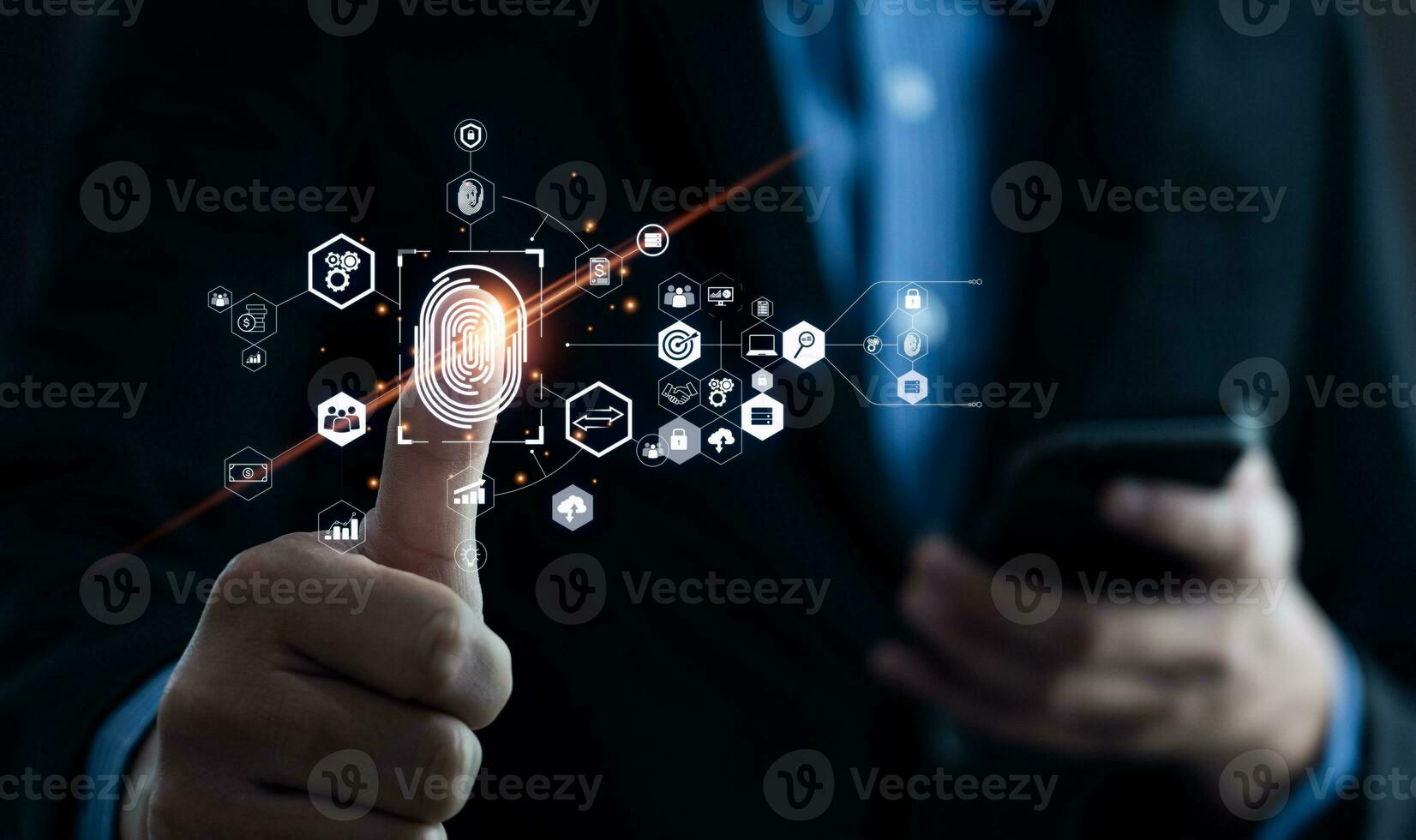 Businessman using fingerprint to access personal financial information, biosecurity. Cybersecurity and hacker protection technology, identity verification photo