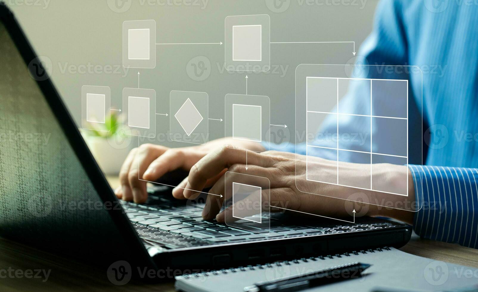 Business process and Automate workflows with flowcharts Business process management, business hierarchy The relationship of positional order and algorithm with a flowchart on a computer screen photo